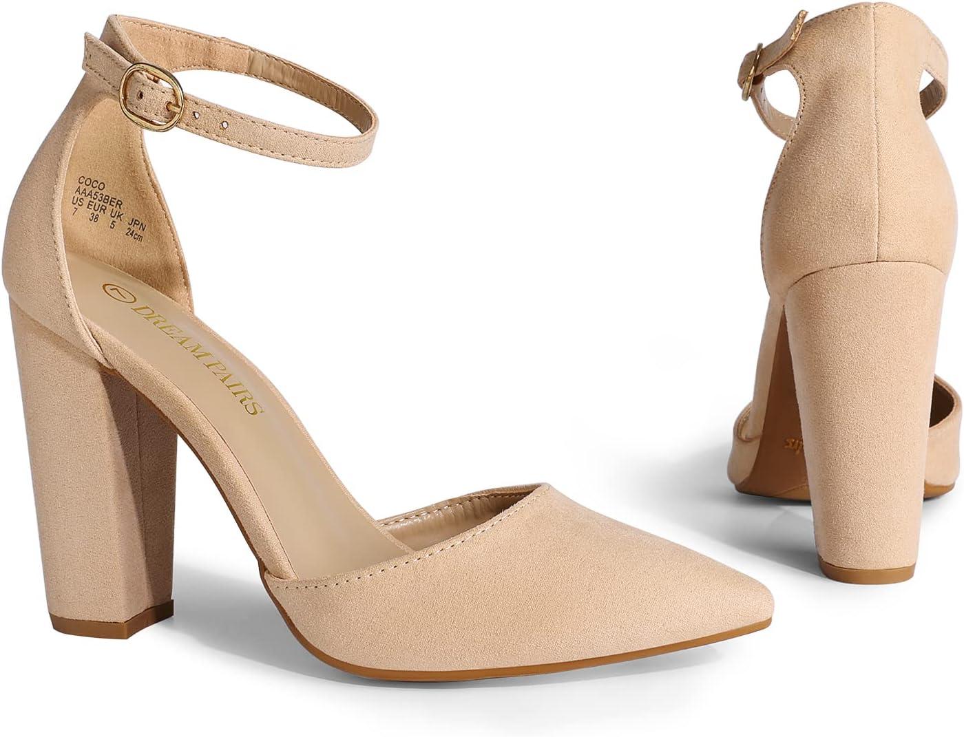 imageDREAM PAIRS Womens Coco High Heels Chunky Block Pumps Pointed Closed Toe Ankle Strap Dress ShoesNudeSuede