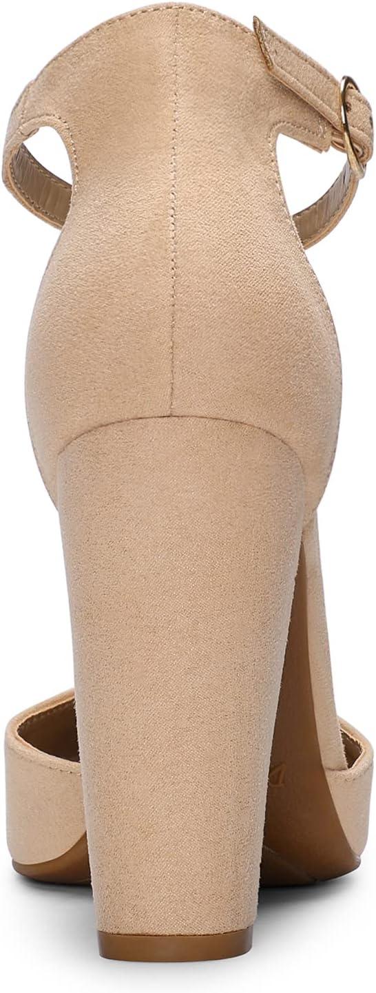 imageDREAM PAIRS Womens Coco High Heels Chunky Block Pumps Pointed Closed Toe Ankle Strap Dress ShoesNudeSuede