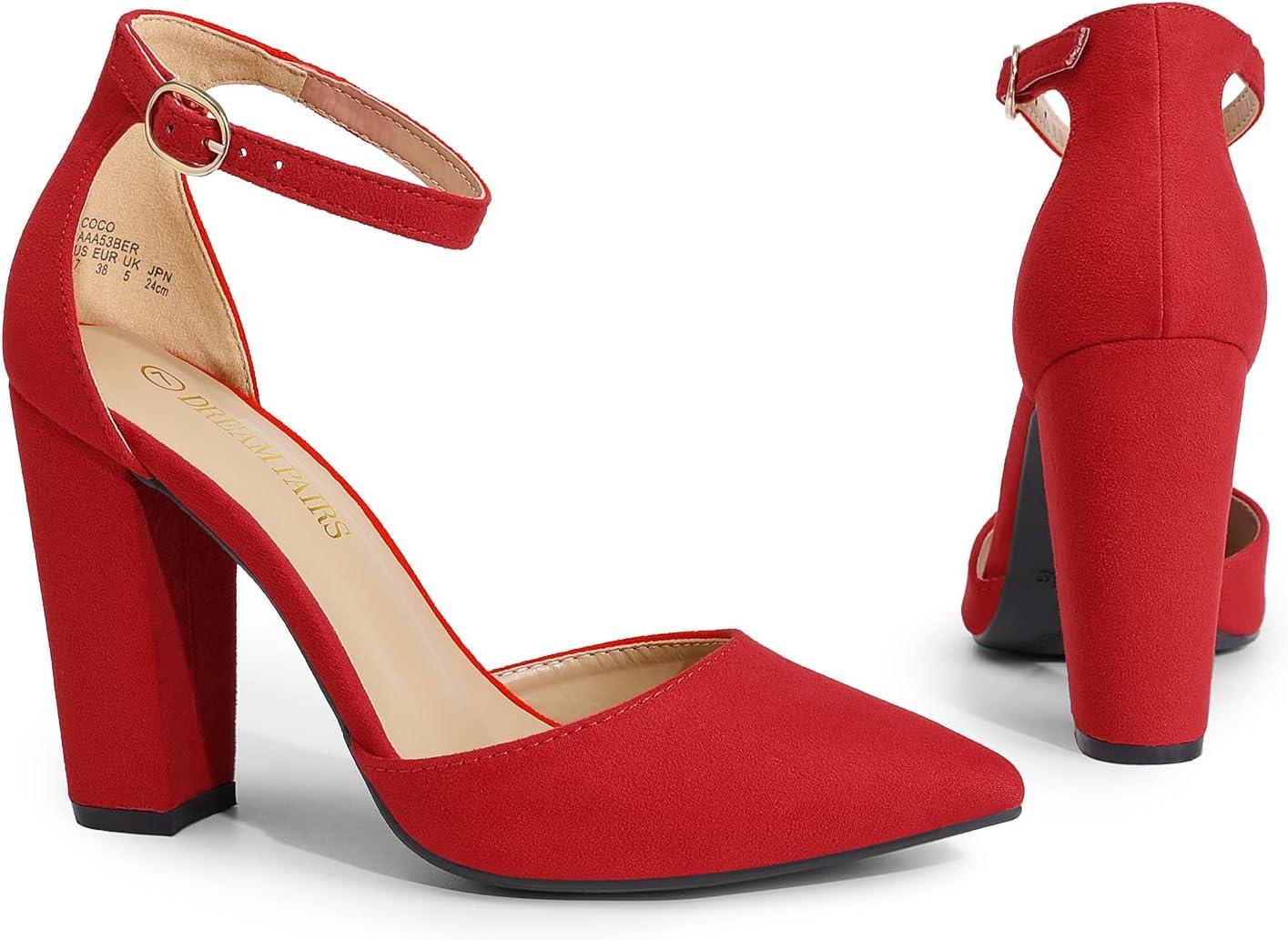imageDREAM PAIRS Womens Coco High Heels Chunky Block Pumps Pointed Closed Toe Ankle Strap Dress ShoesRedSuede