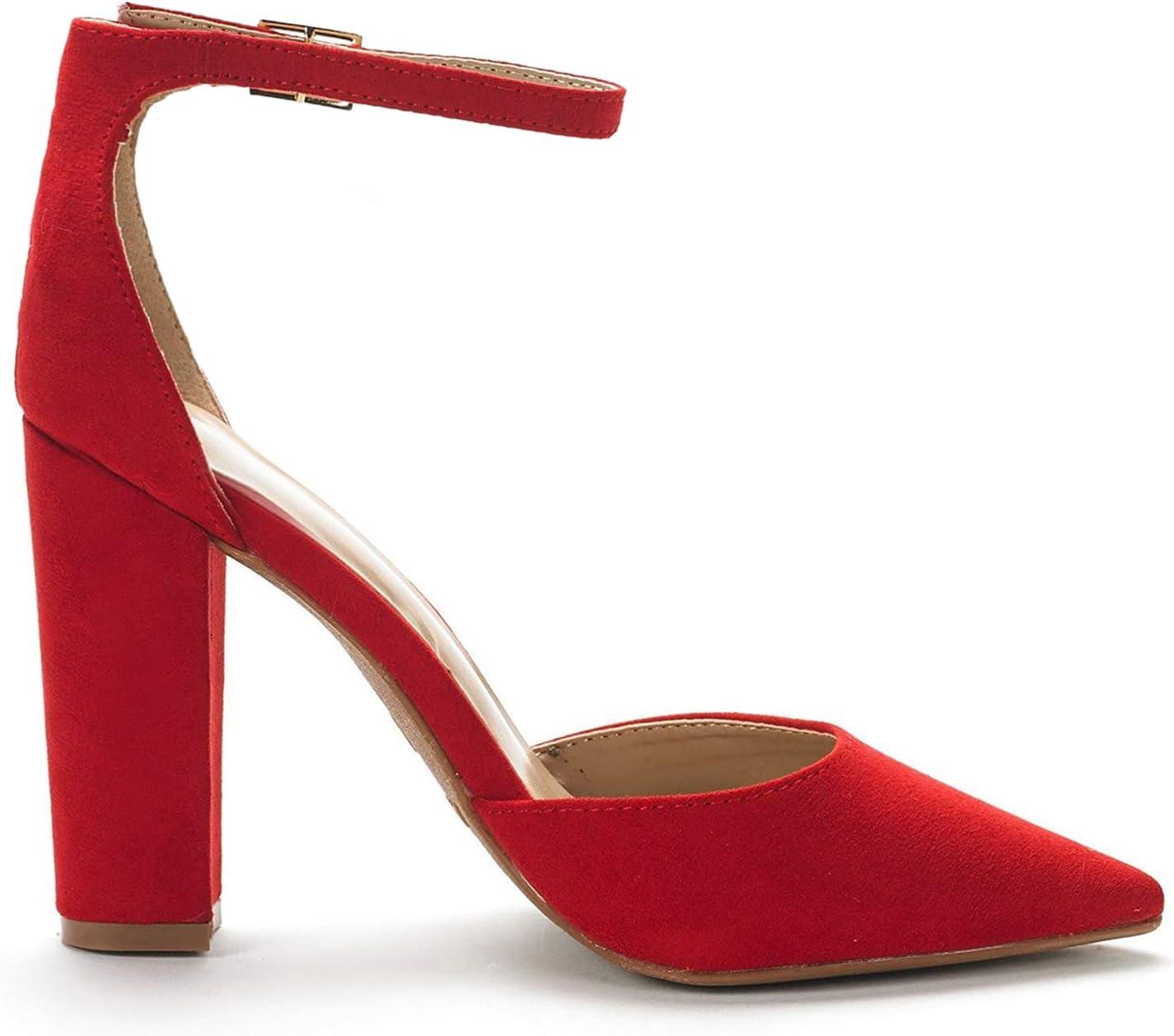 imageDREAM PAIRS Womens Coco High Heels Chunky Block Pumps Pointed Closed Toe Ankle Strap Dress ShoesRedSuede