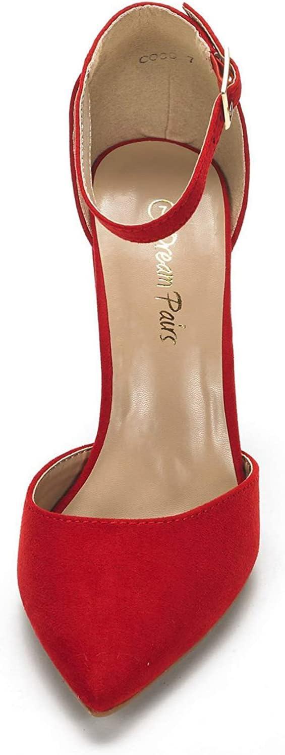 imageDREAM PAIRS Womens Coco High Heels Chunky Block Pumps Pointed Closed Toe Ankle Strap Dress ShoesRedSuede