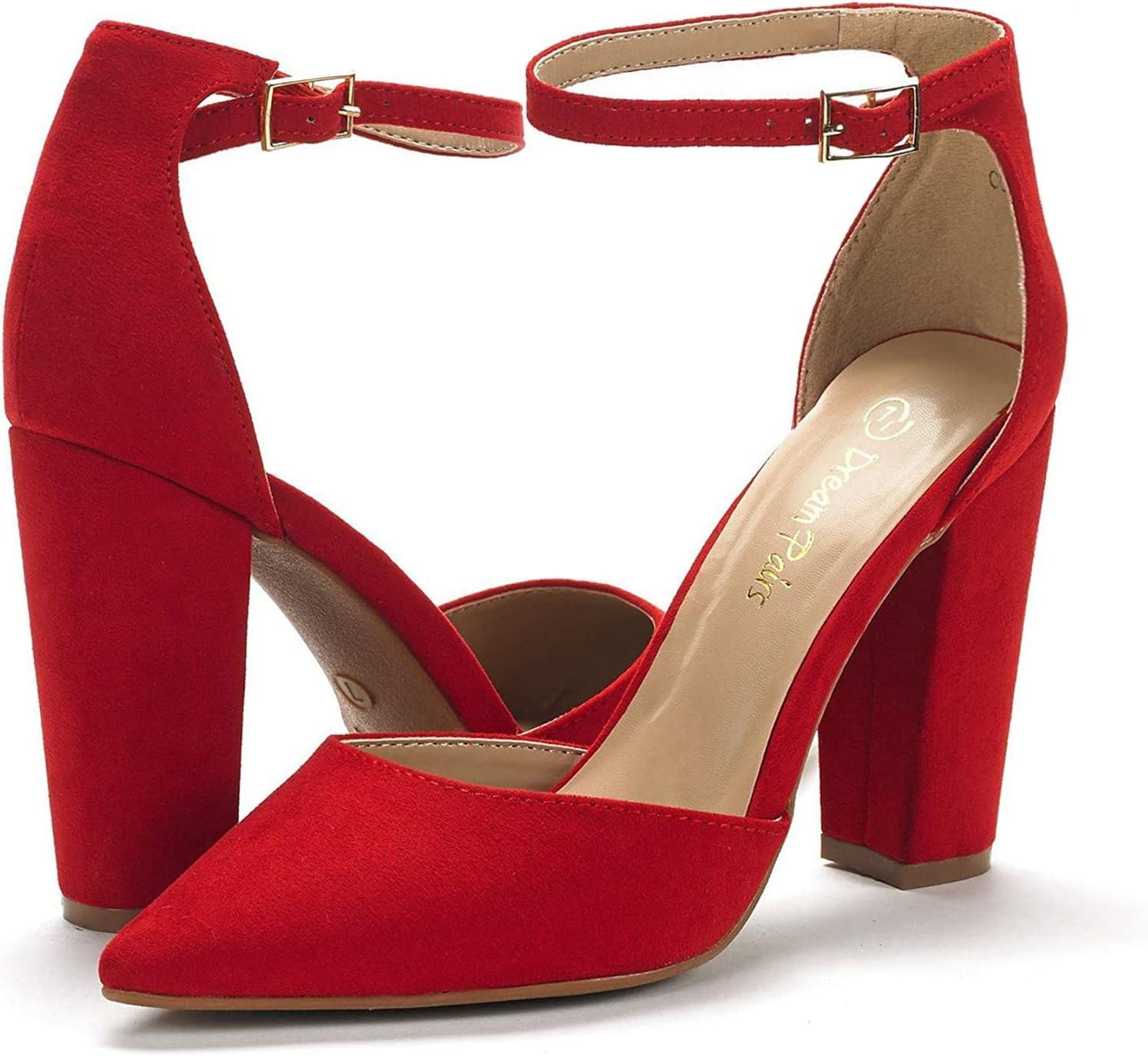 imageDREAM PAIRS Womens Coco High Heels Chunky Block Pumps Pointed Closed Toe Ankle Strap Dress ShoesRedSuede