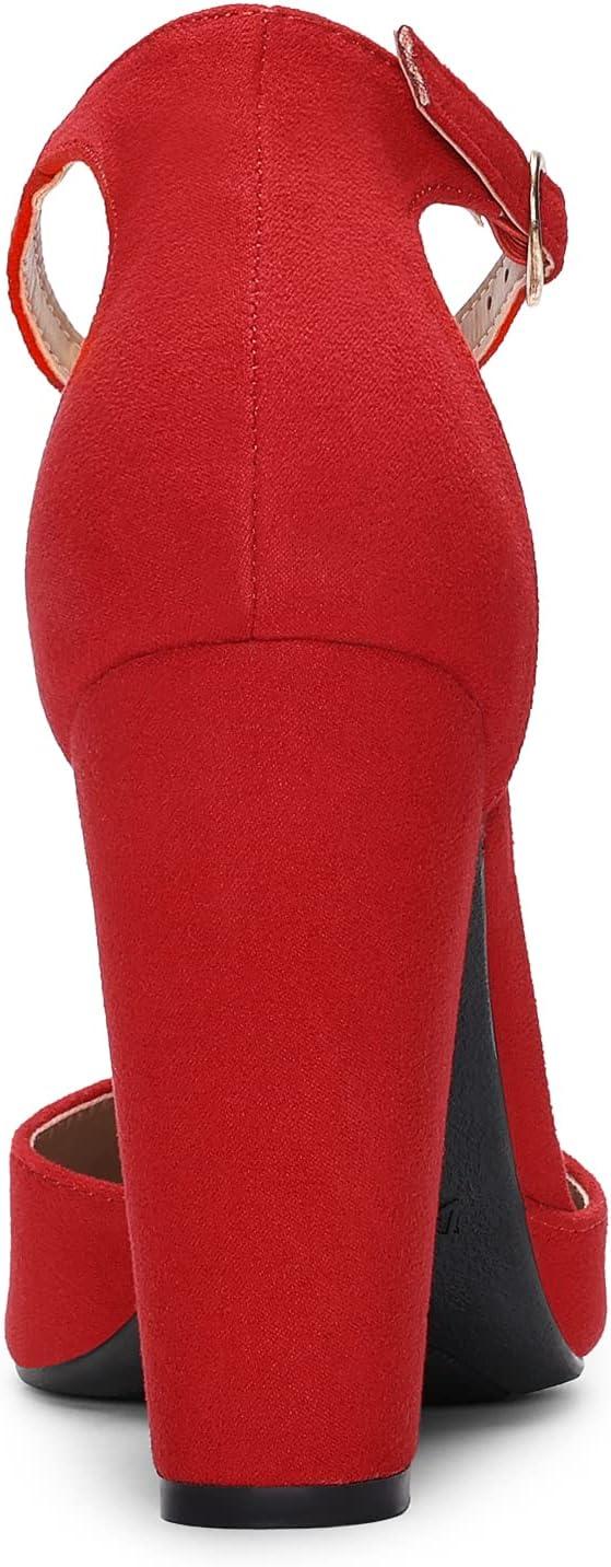 imageDREAM PAIRS Womens Coco High Heels Chunky Block Pumps Pointed Closed Toe Ankle Strap Dress ShoesRedSuede