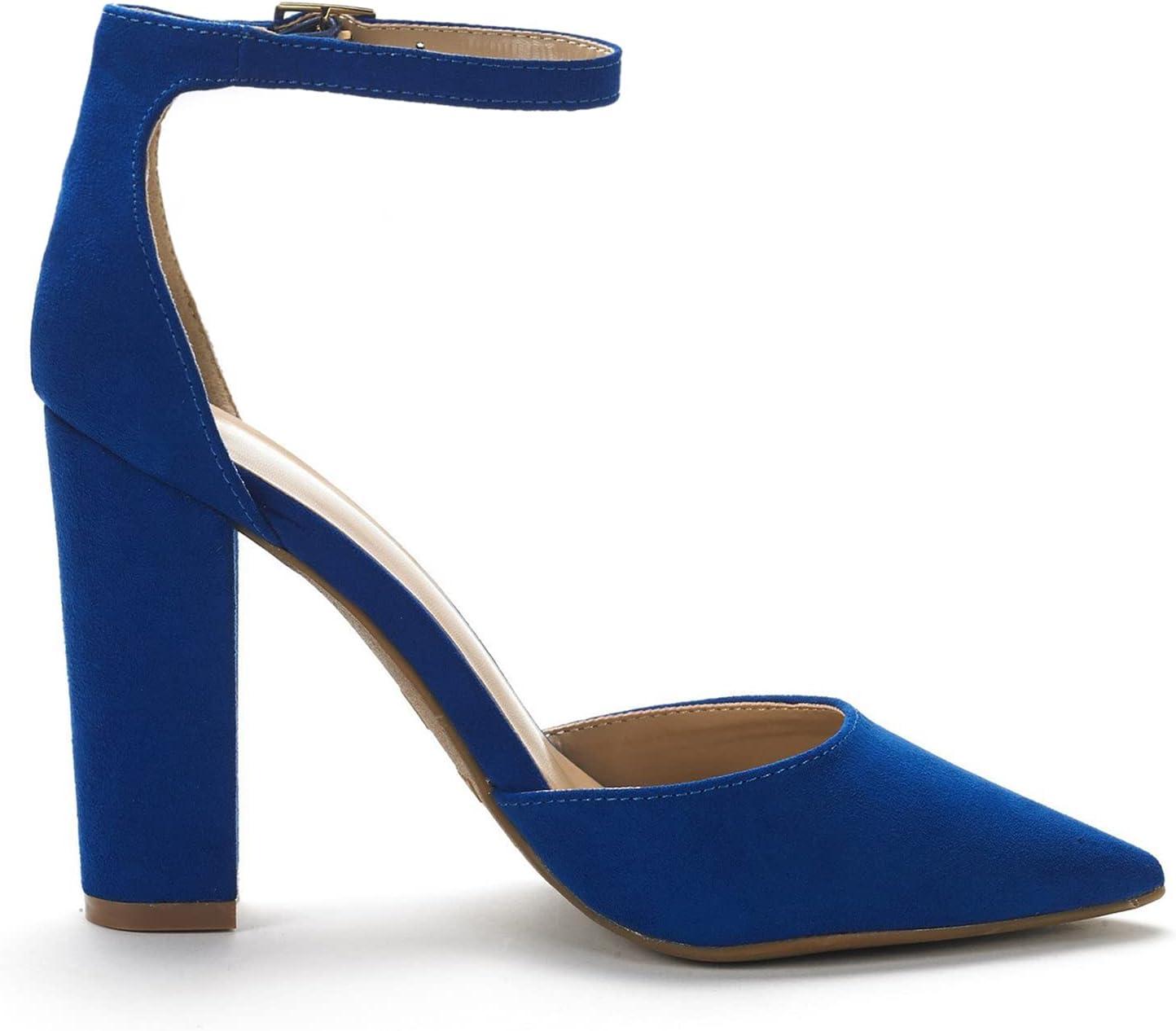 imageDREAM PAIRS Womens Coco High Heels Chunky Block Pumps Pointed Closed Toe Ankle Strap Dress ShoesRoyalBlue