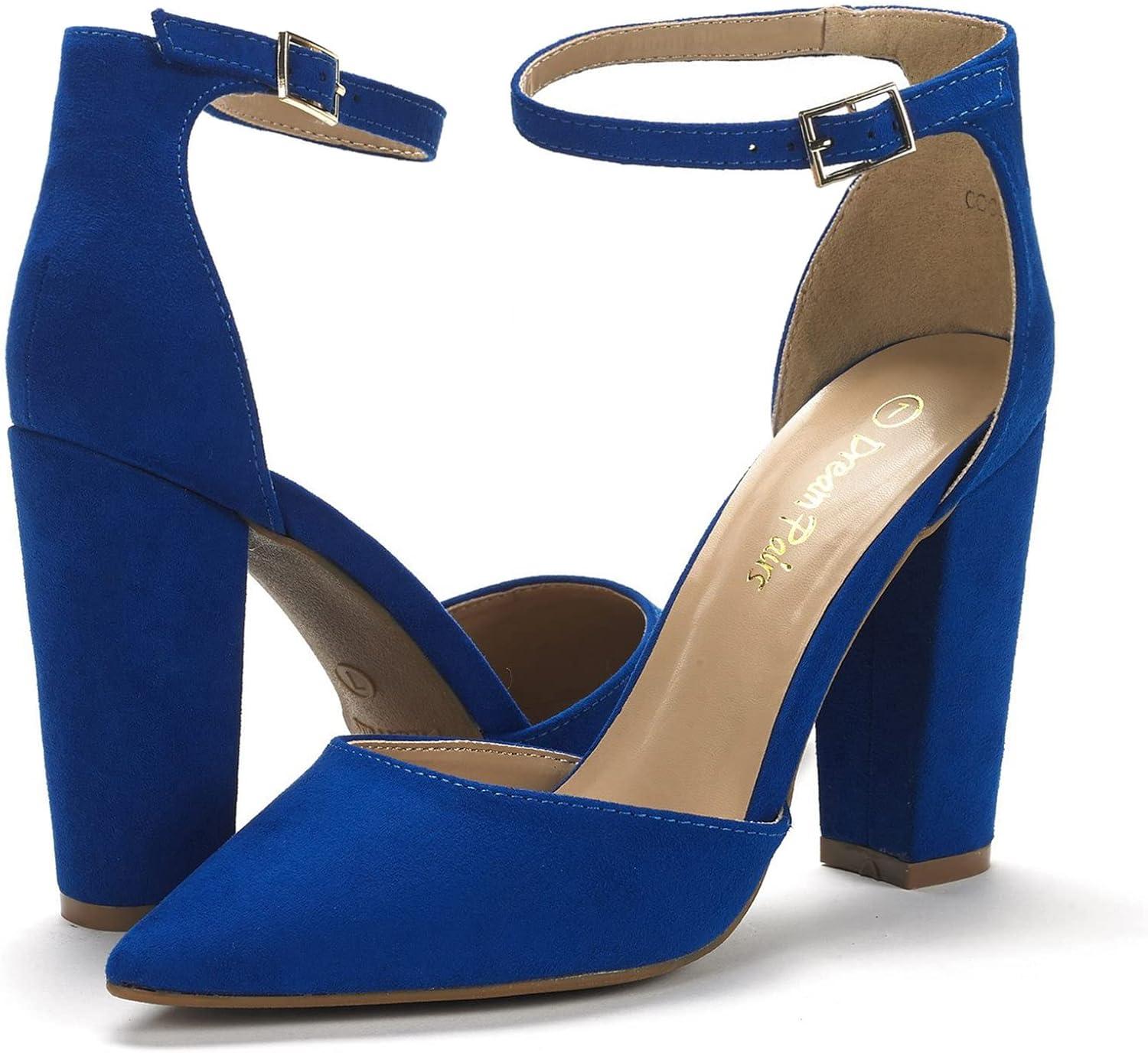imageDREAM PAIRS Womens Coco High Heels Chunky Block Pumps Pointed Closed Toe Ankle Strap Dress ShoesRoyalBlue