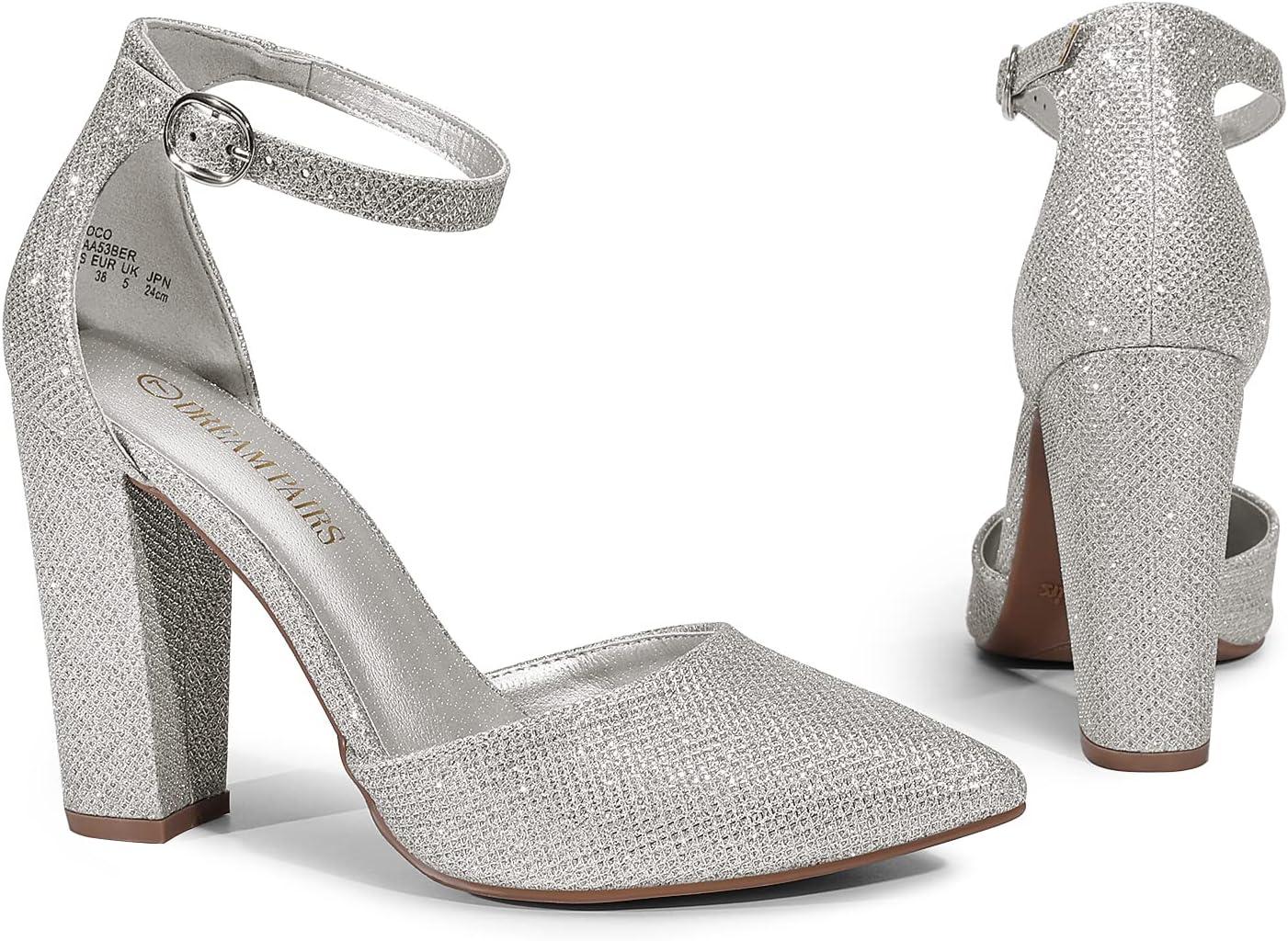 imageDREAM PAIRS Womens Coco High Heels Chunky Block Pumps Pointed Closed Toe Ankle Strap Dress ShoesSilverGlitter