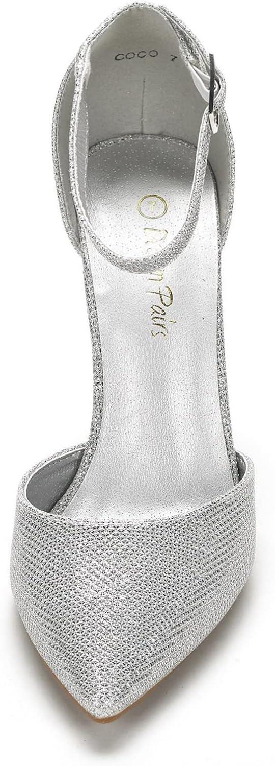 imageDREAM PAIRS Womens Coco High Heels Chunky Block Pumps Pointed Closed Toe Ankle Strap Dress ShoesSilverGlitter