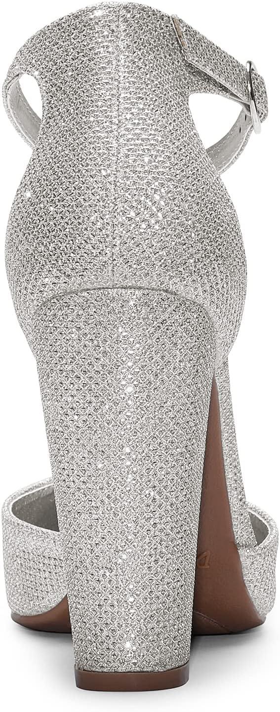 imageDREAM PAIRS Womens Coco High Heels Chunky Block Pumps Pointed Closed Toe Ankle Strap Dress ShoesSilverGlitter