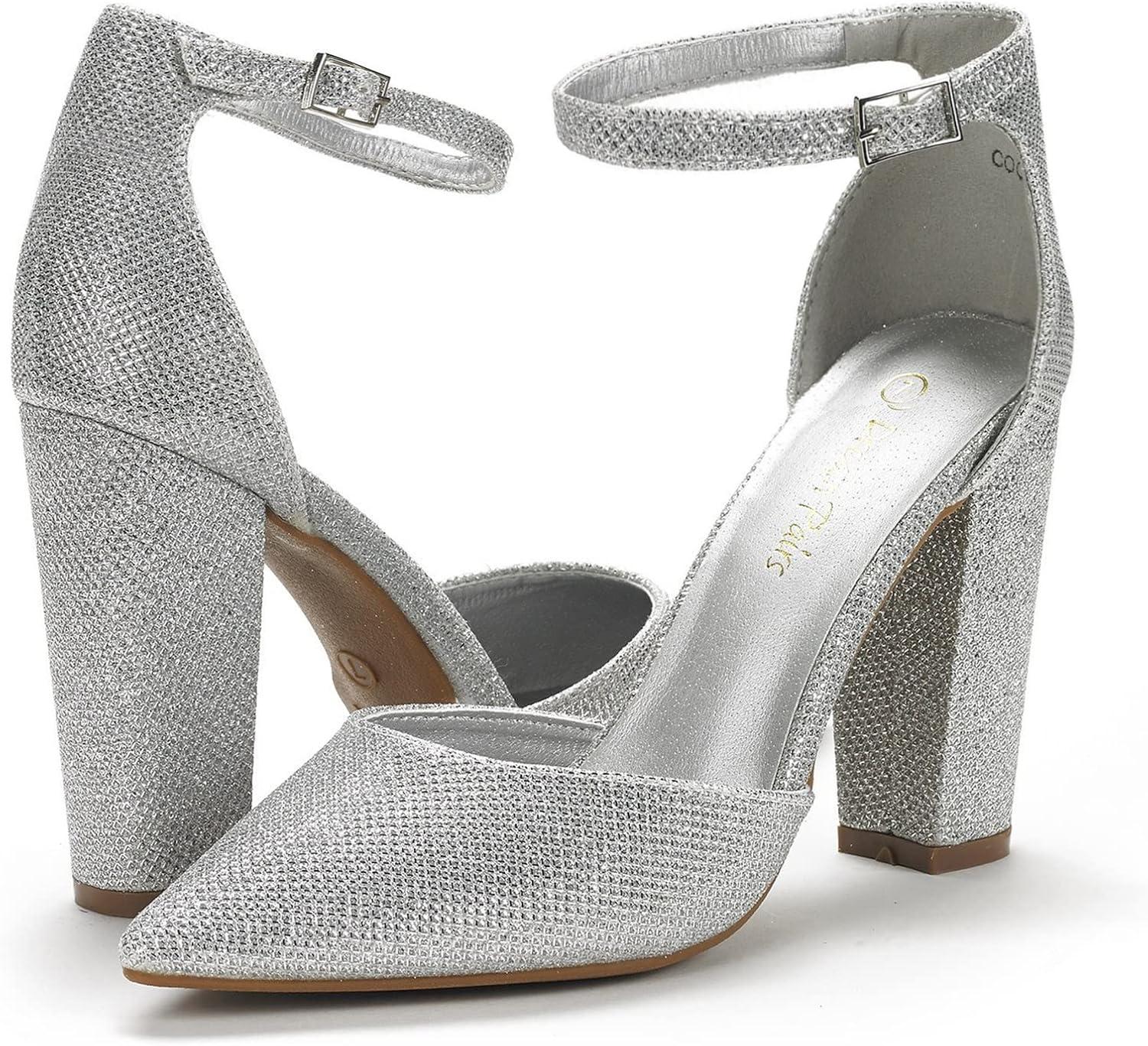 imageDREAM PAIRS Womens Coco High Heels Chunky Block Pumps Pointed Closed Toe Ankle Strap Dress ShoesSilverGlitter