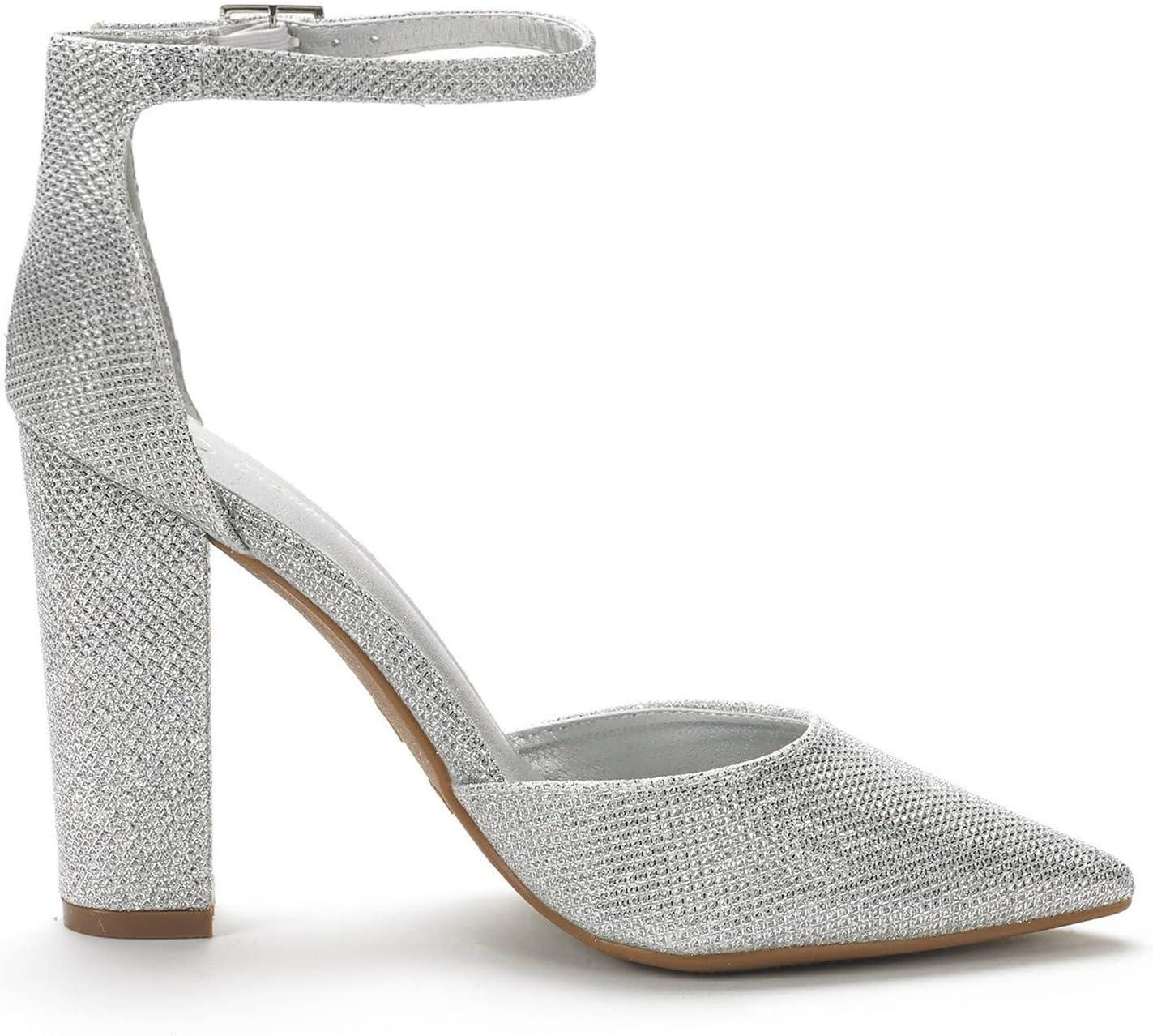 imageDREAM PAIRS Womens Coco High Heels Chunky Block Pumps Pointed Closed Toe Ankle Strap Dress ShoesSilverGlitter