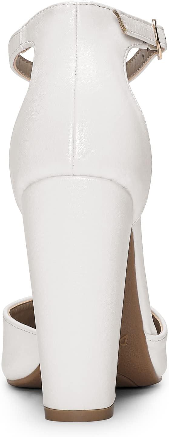 imageDREAM PAIRS Womens Coco High Heels Chunky Block Pumps Pointed Closed Toe Ankle Strap Dress ShoesWhitePu