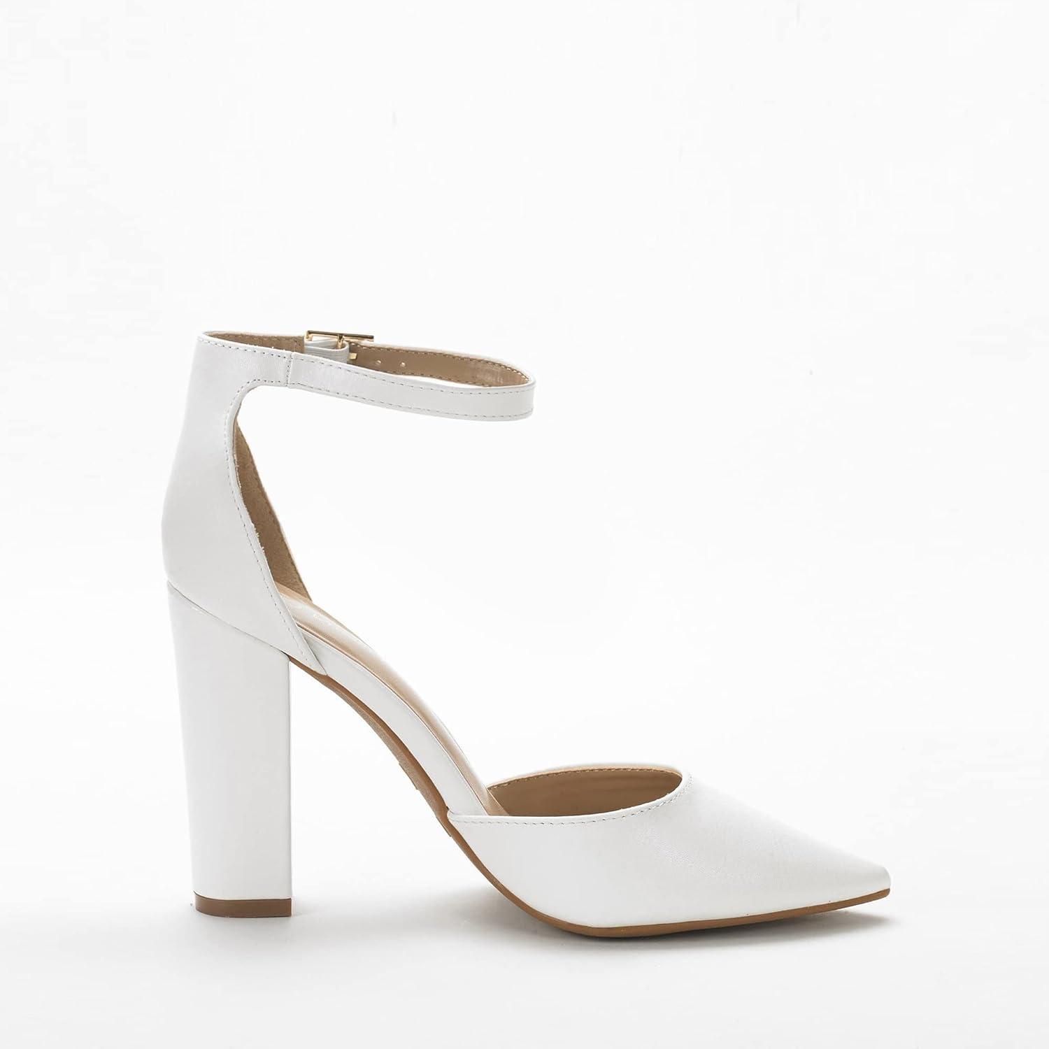 imageDREAM PAIRS Womens Coco High Heels Chunky Block Pumps Pointed Closed Toe Ankle Strap Dress ShoesWhitePu