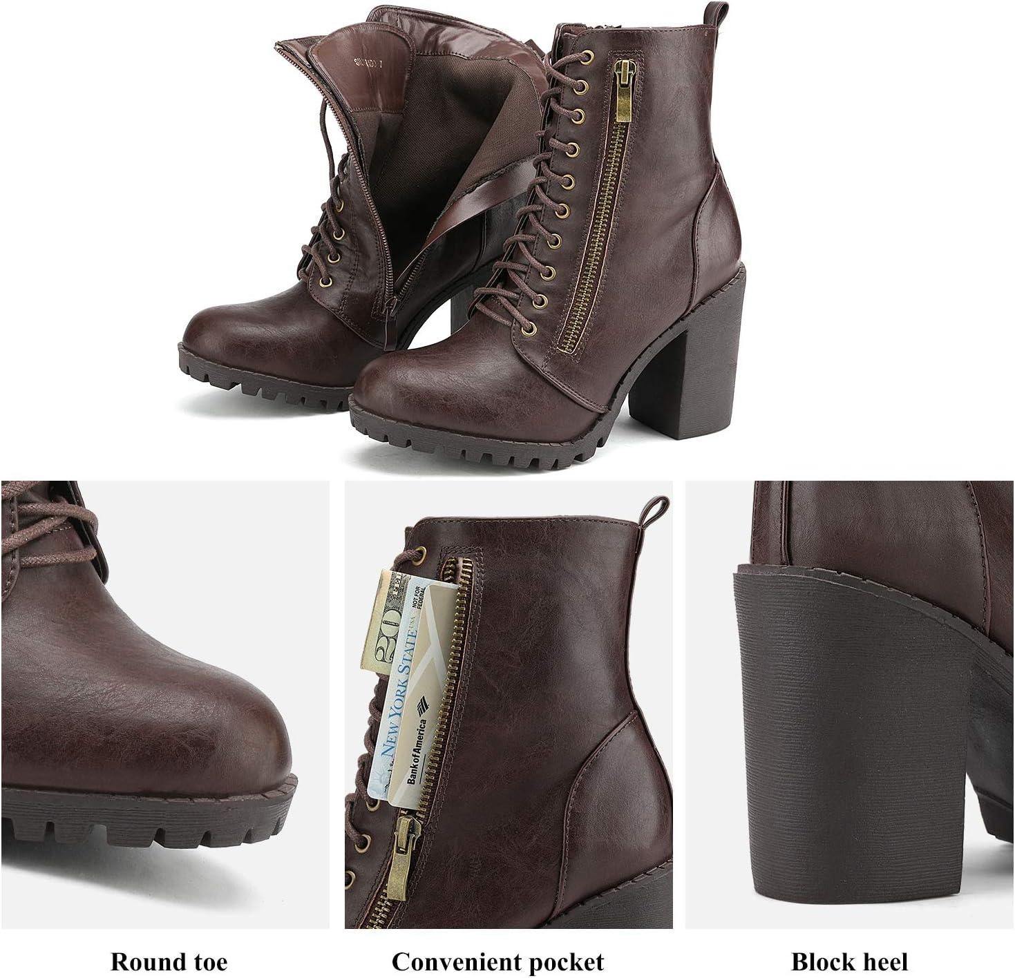 imageDREAM PAIRS Womens Combat Ankle Boots Chunky Heel Lace up Fashion Heeled BootiesBrown
