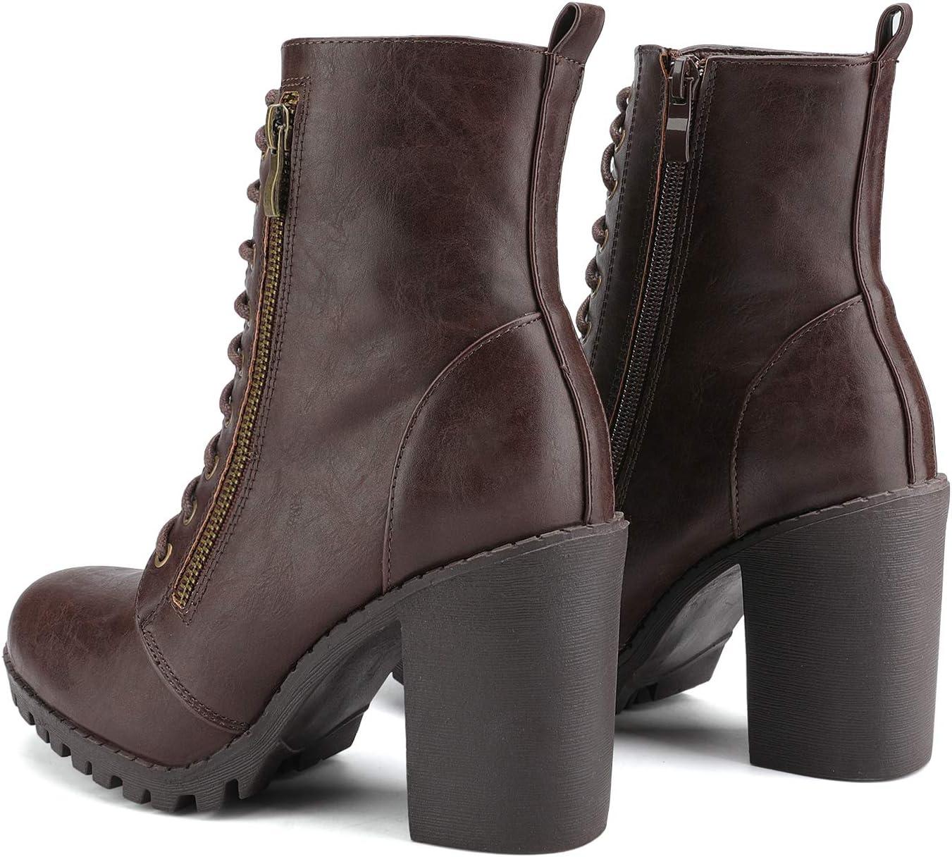 imageDREAM PAIRS Womens Combat Ankle Boots Chunky Heel Lace up Fashion Heeled BootiesBrown