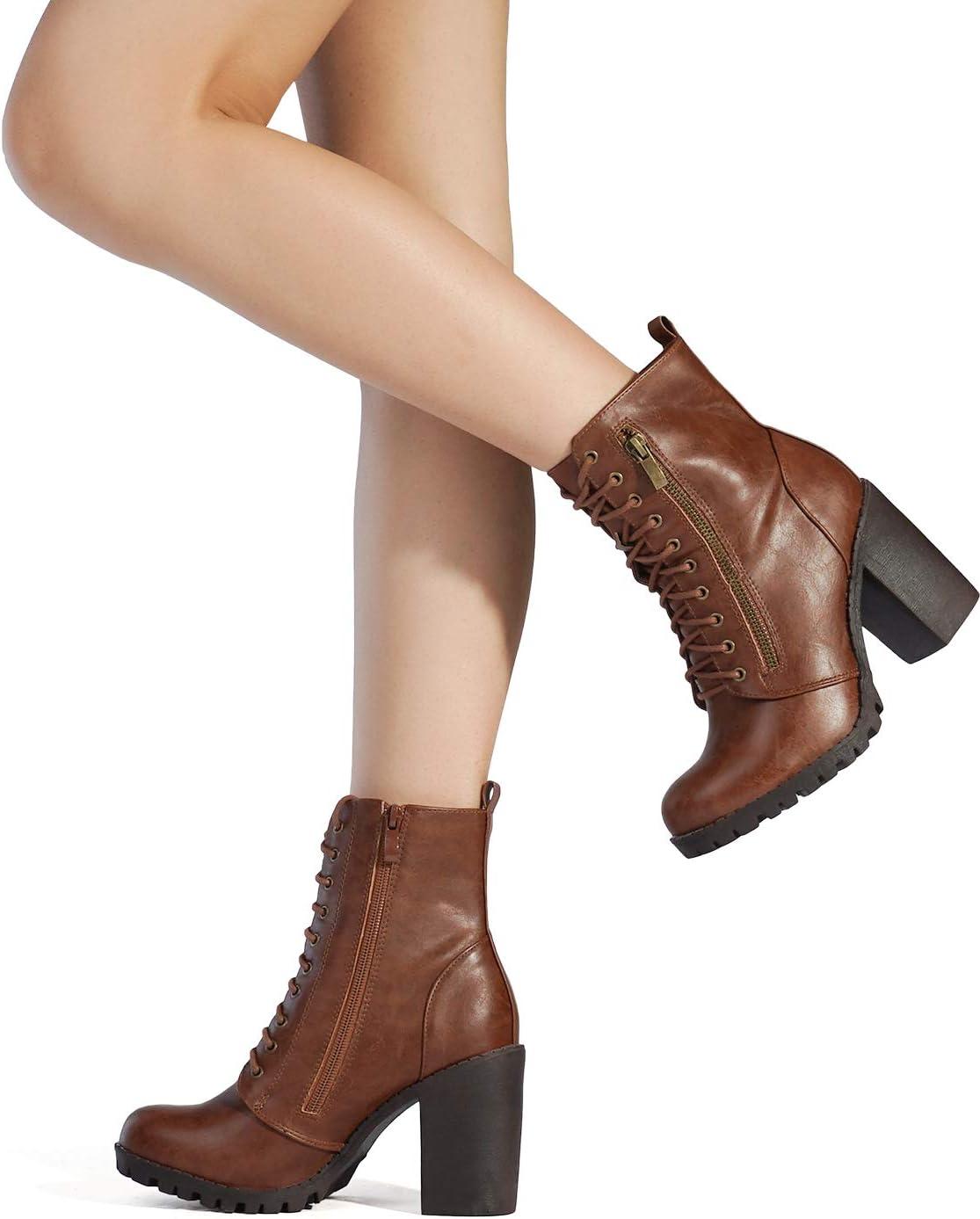 imageDREAM PAIRS Womens Combat Ankle Boots Chunky Heel Lace up Fashion Heeled BootiesTan