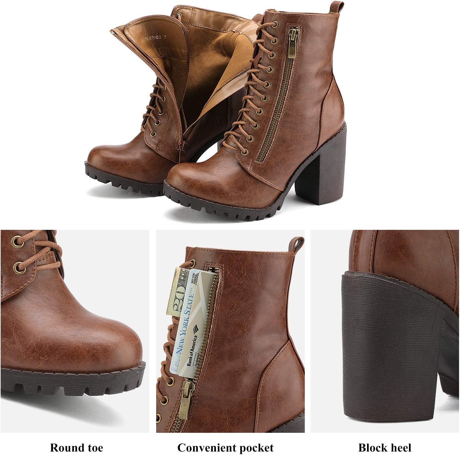 imageDREAM PAIRS Womens Combat Ankle Boots Chunky Heel Lace up Fashion Heeled BootiesTan