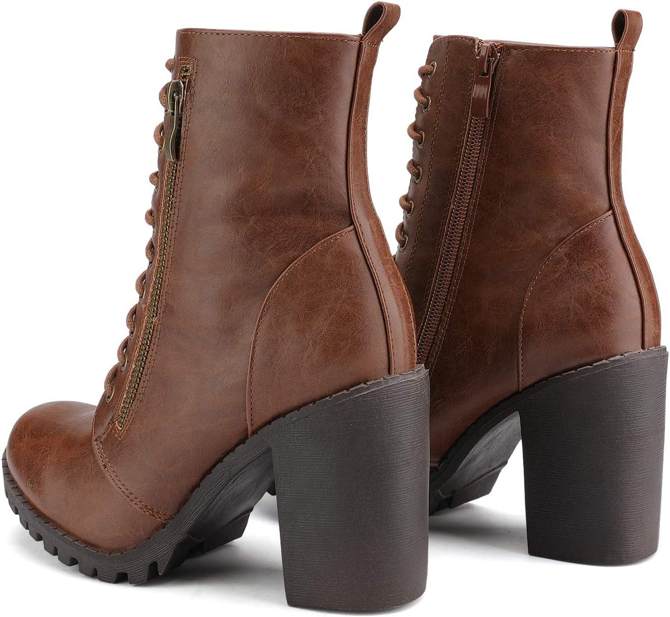 imageDREAM PAIRS Womens Combat Ankle Boots Chunky Heel Lace up Fashion Heeled BootiesTan