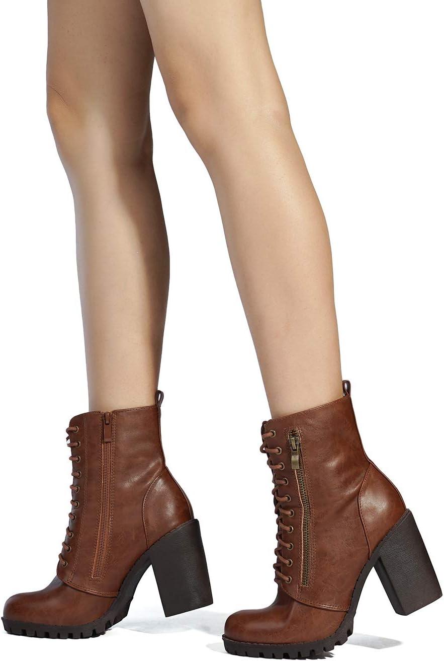 imageDREAM PAIRS Womens Combat Ankle Boots Chunky Heel Lace up Fashion Heeled BootiesTan