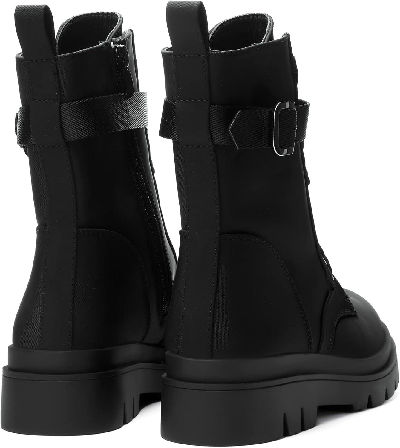 imageDREAM PAIRS Womens Combat Platform Boots Lace Up Lug Sole Buckle Ankle Booties ShoesBlack