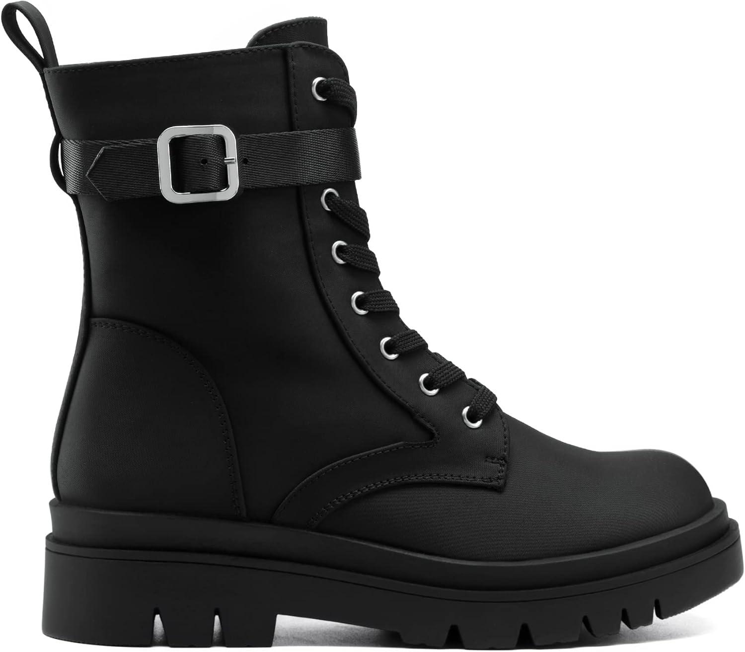 imageDREAM PAIRS Womens Combat Platform Boots Lace Up Lug Sole Buckle Ankle Booties ShoesBlack