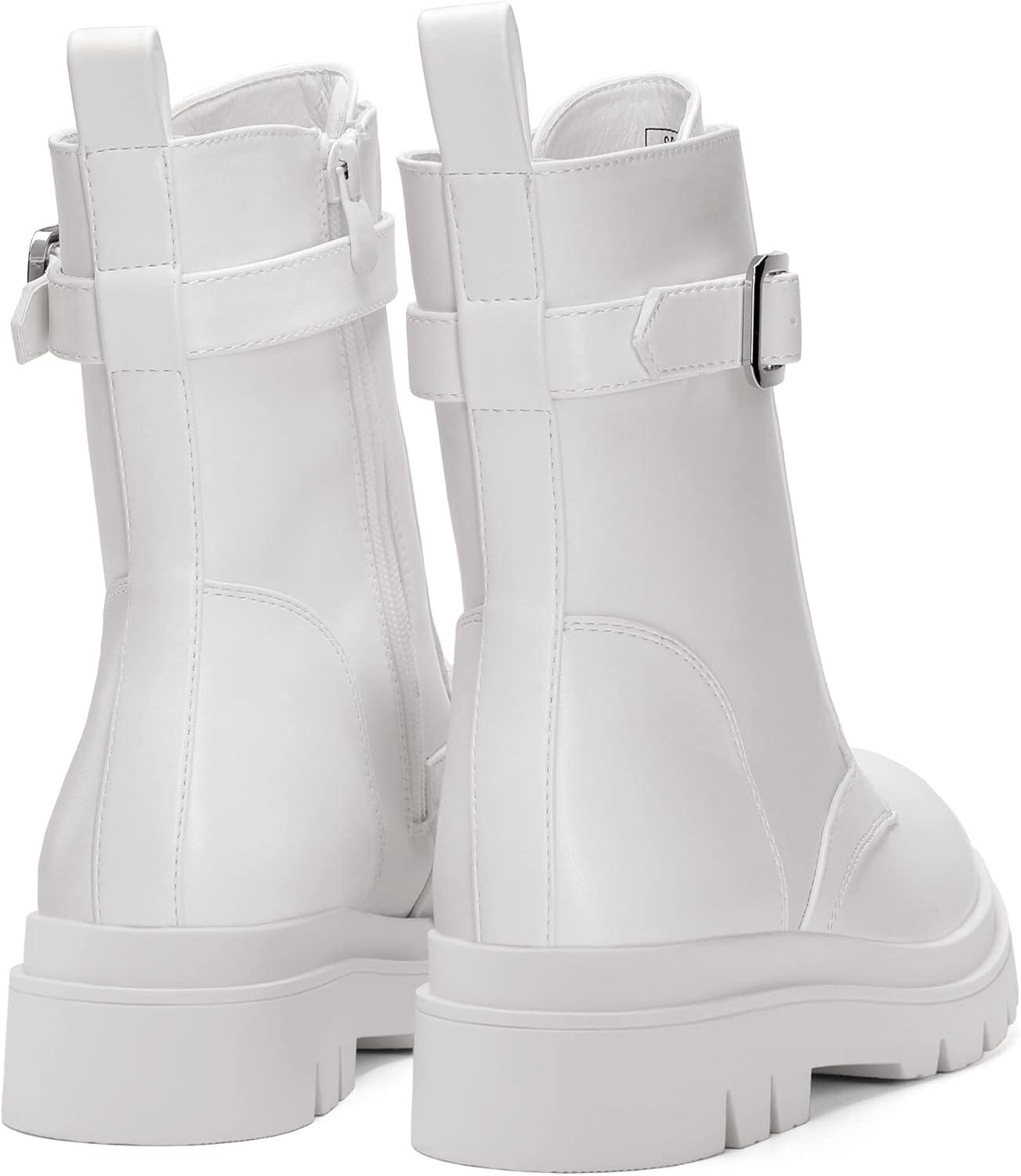 imageDREAM PAIRS Womens Combat Platform Boots Lace Up Lug Sole Buckle Ankle Booties ShoesWhite