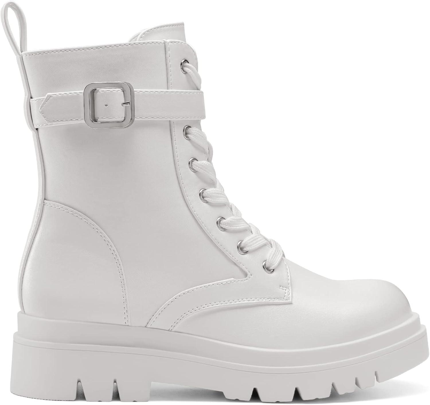 imageDREAM PAIRS Womens Combat Platform Boots Lace Up Lug Sole Buckle Ankle Booties ShoesWhite