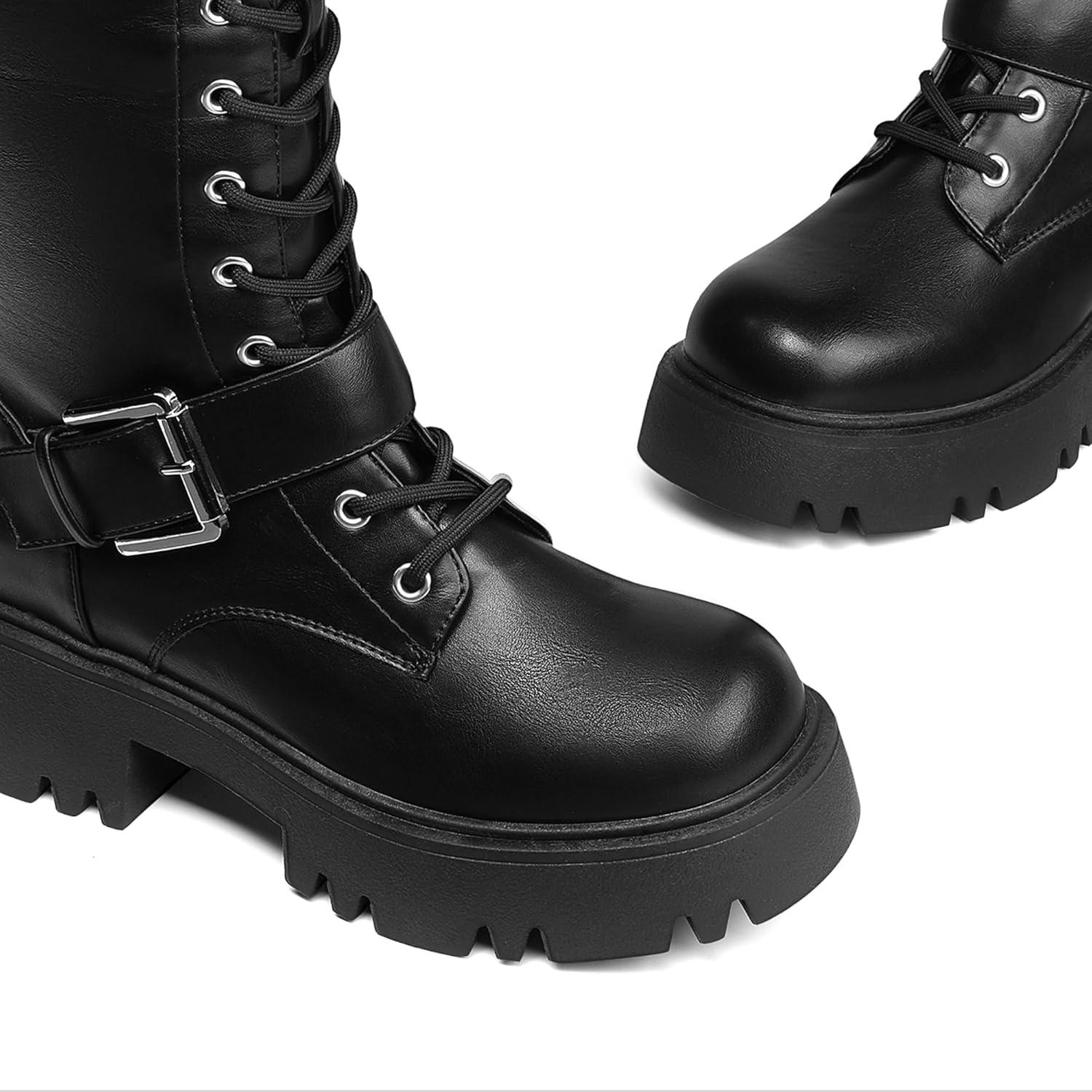 imageDREAM PAIRS Womens Combat Riding Platform Knee High Boots Lace Up Fall Lug Sole Gothic Motorcycle Boots with Inside ZipperBlack