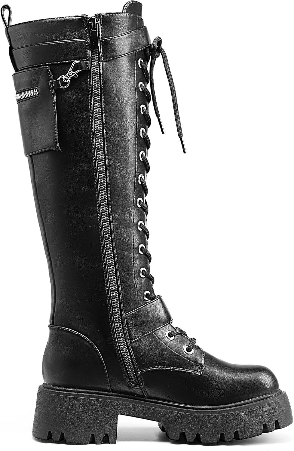 imageDREAM PAIRS Womens Combat Riding Platform Knee High Boots Lace Up Fall Lug Sole Gothic Motorcycle Boots with Inside ZipperBlack