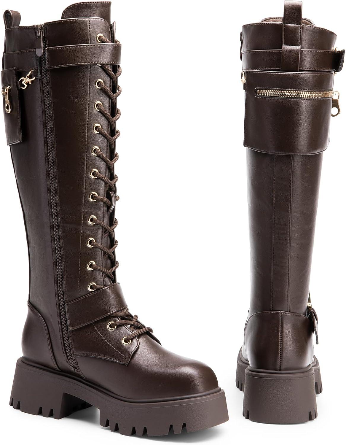 imageDREAM PAIRS Womens Combat Riding Platform Knee High Boots Lace Up Fall Lug Sole Gothic Motorcycle Boots with Inside ZipperBrown