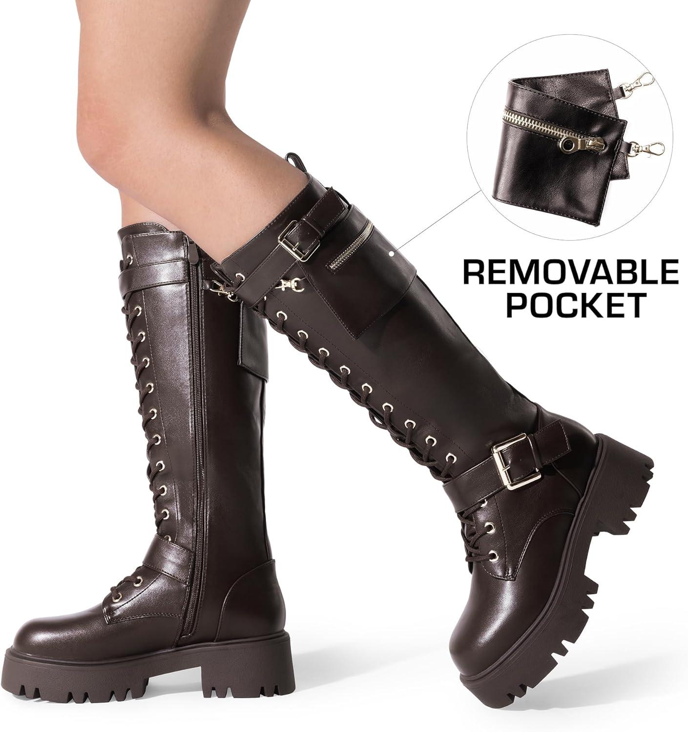 imageDREAM PAIRS Womens Combat Riding Platform Knee High Boots Lace Up Fall Lug Sole Gothic Motorcycle Boots with Inside ZipperBrown