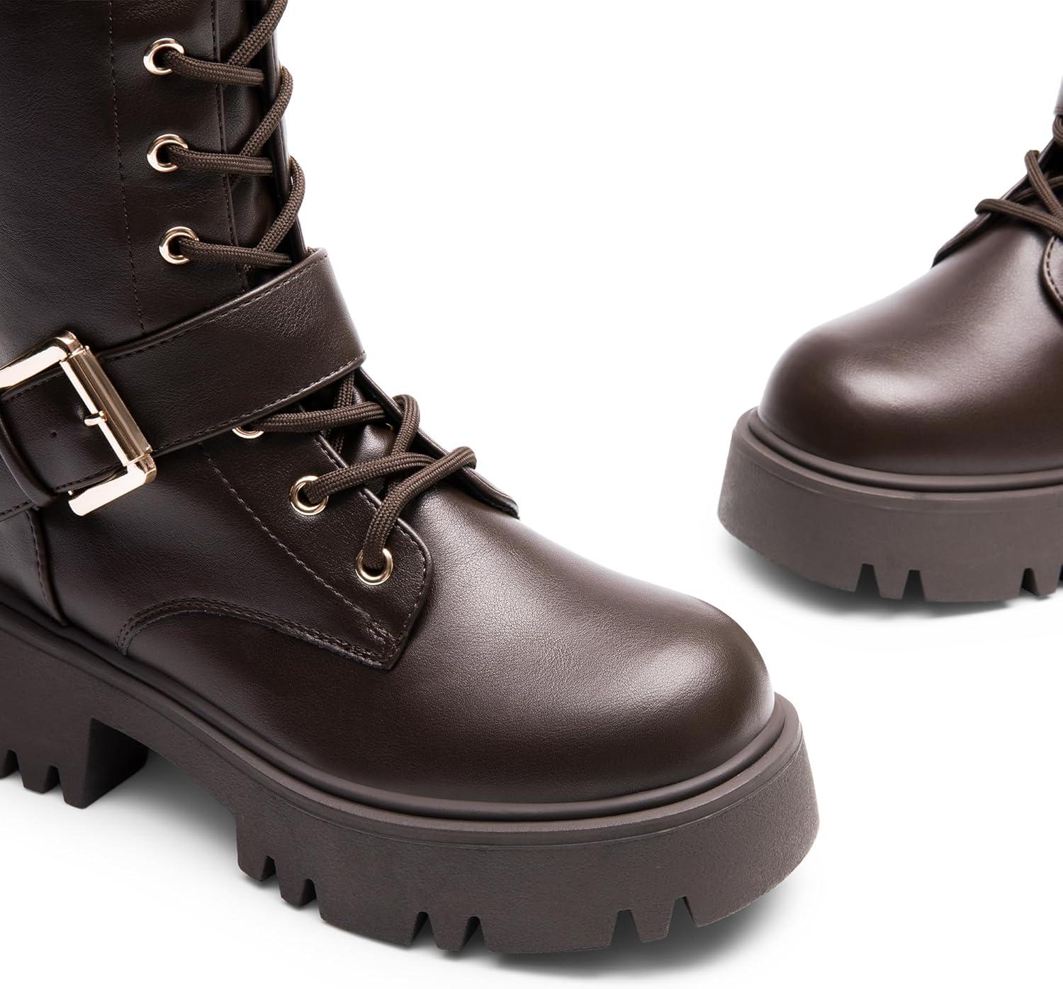 imageDREAM PAIRS Womens Combat Riding Platform Knee High Boots Lace Up Fall Lug Sole Gothic Motorcycle Boots with Inside ZipperBrown