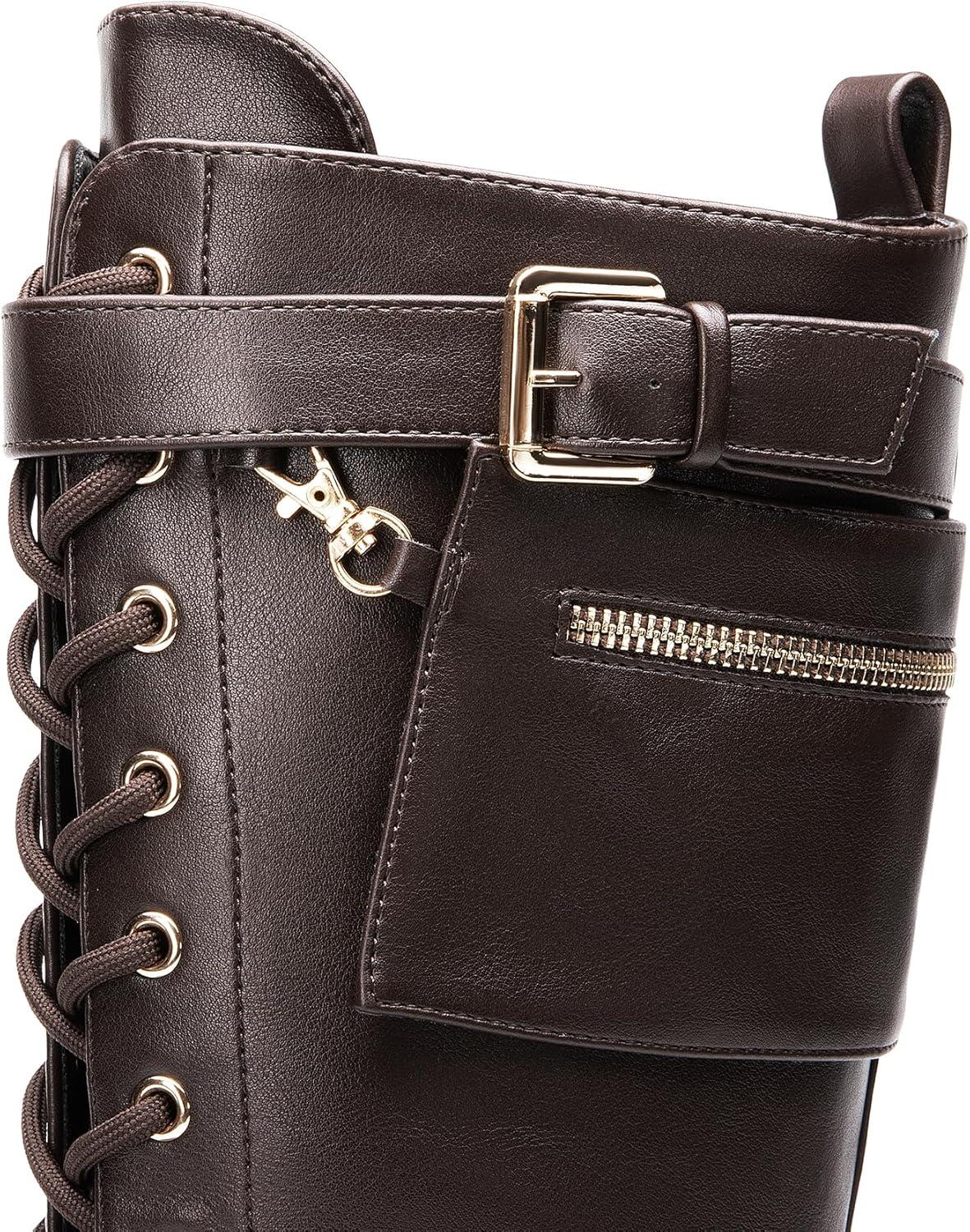 imageDREAM PAIRS Womens Combat Riding Platform Knee High Boots Lace Up Fall Lug Sole Gothic Motorcycle Boots with Inside ZipperBrown