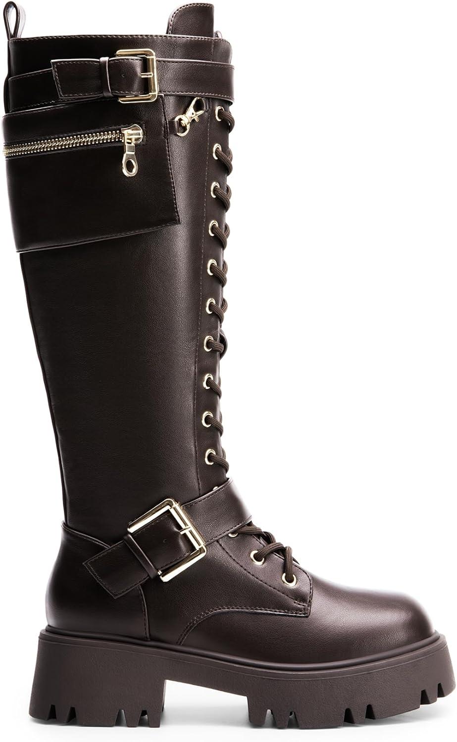 imageDREAM PAIRS Womens Combat Riding Platform Knee High Boots Lace Up Fall Lug Sole Gothic Motorcycle Boots with Inside ZipperBrown