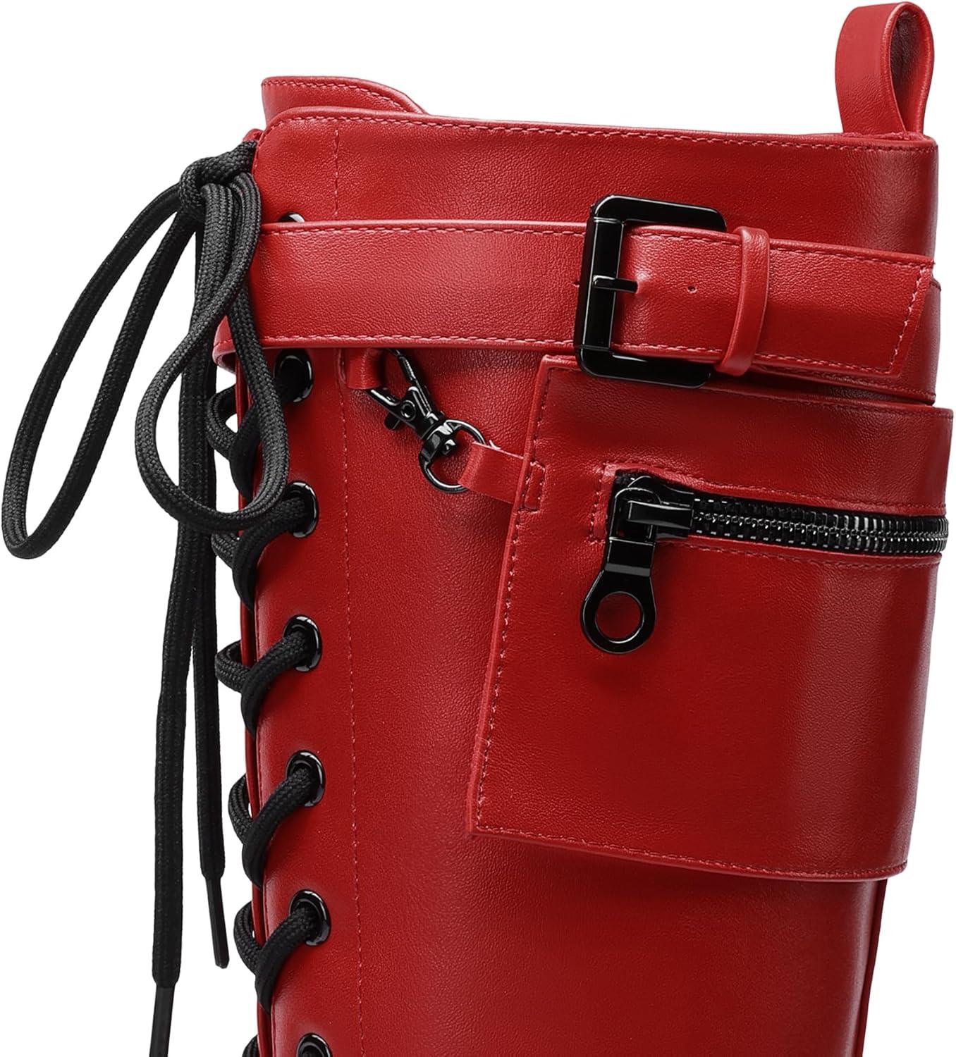 imageDREAM PAIRS Womens Combat Riding Platform Knee High Boots Lace Up Fall Lug Sole Gothic Motorcycle Boots with Inside ZipperRed