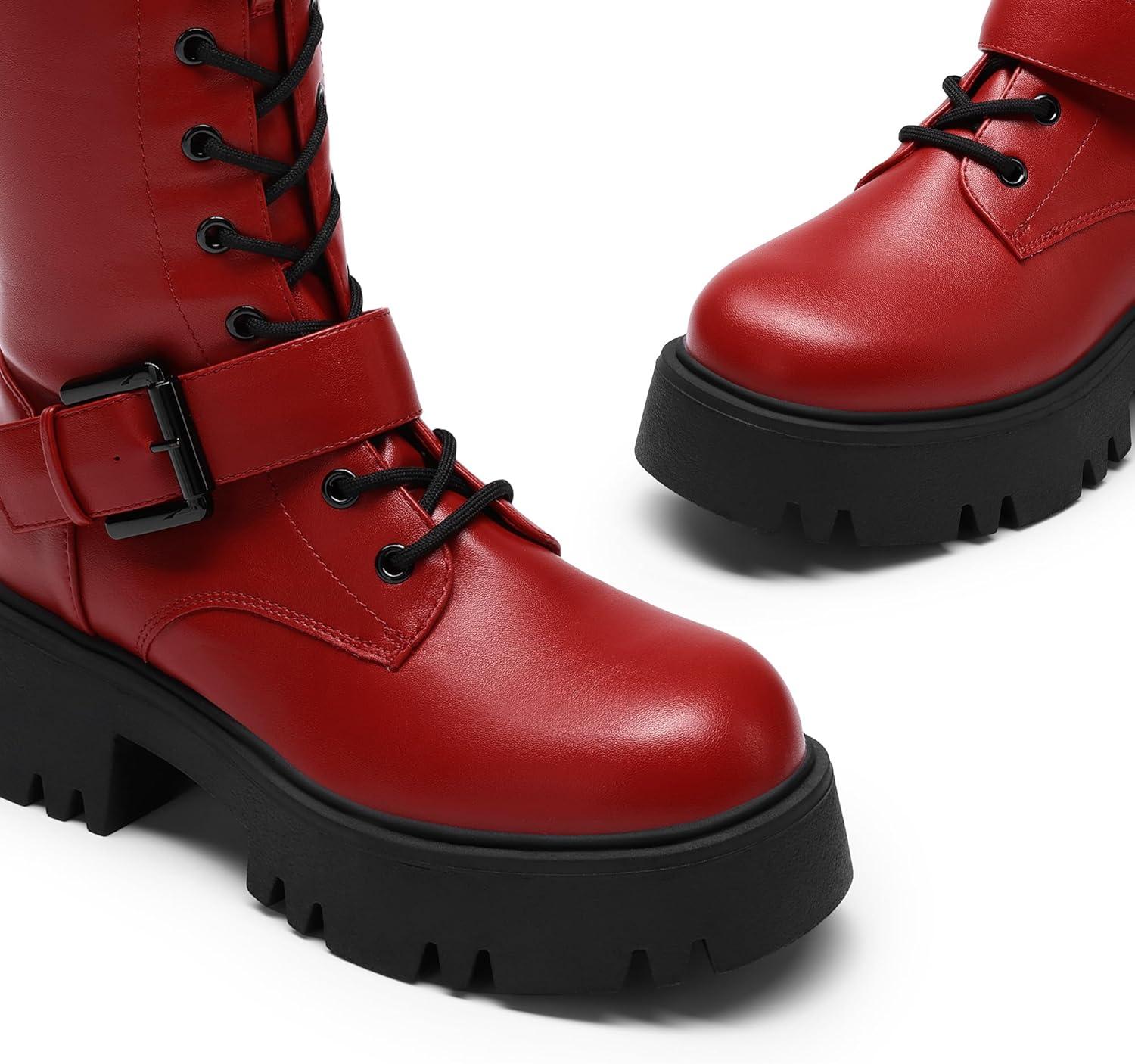 imageDREAM PAIRS Womens Combat Riding Platform Knee High Boots Lace Up Fall Lug Sole Gothic Motorcycle Boots with Inside ZipperRed