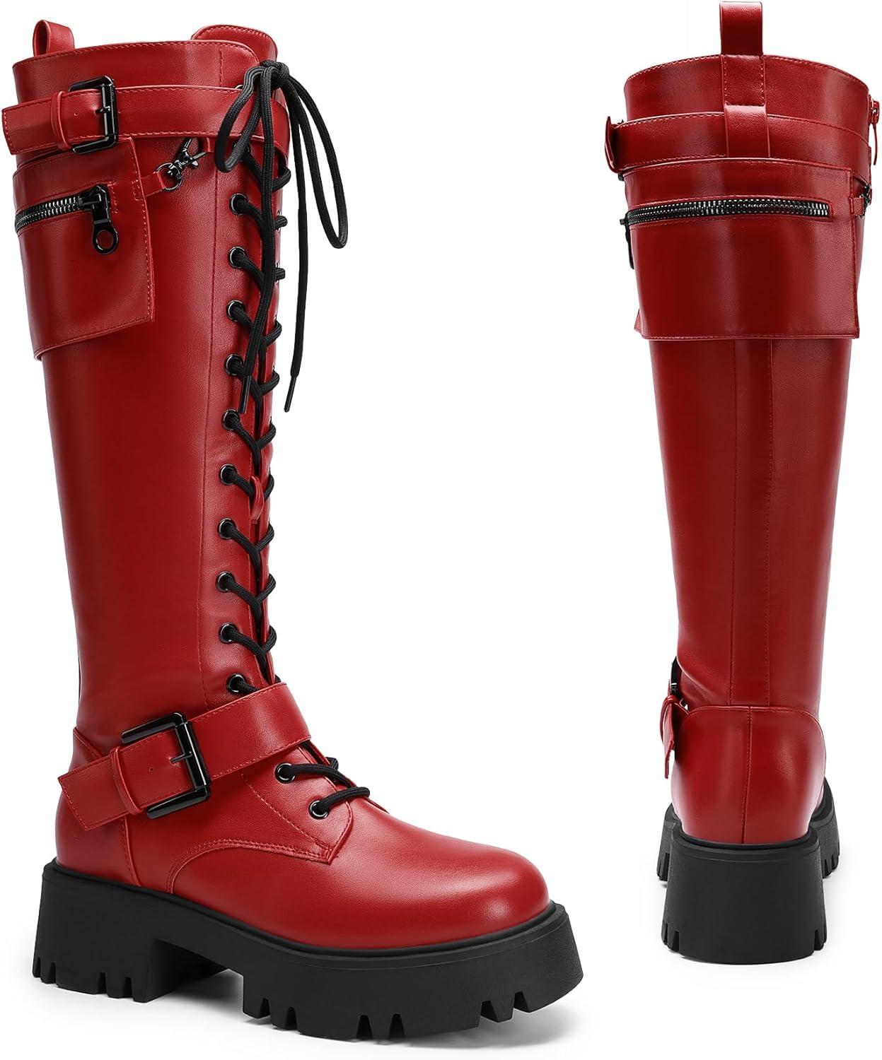 imageDREAM PAIRS Womens Combat Riding Platform Knee High Boots Lace Up Fall Lug Sole Gothic Motorcycle Boots with Inside ZipperRed