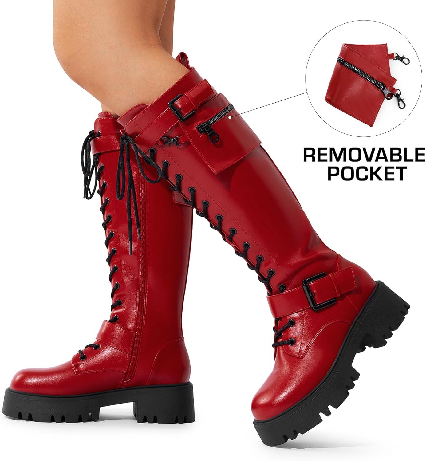 imageDREAM PAIRS Womens Combat Riding Platform Knee High Boots Lace Up Fall Lug Sole Gothic Motorcycle Boots with Inside ZipperRed