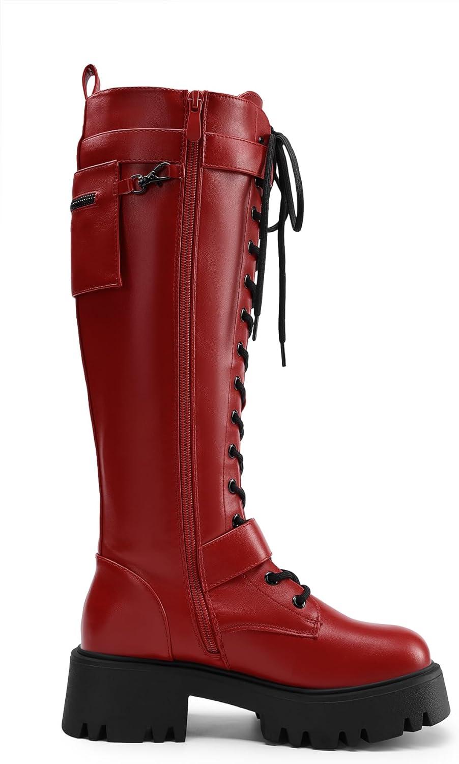 imageDREAM PAIRS Womens Combat Riding Platform Knee High Boots Lace Up Fall Lug Sole Gothic Motorcycle Boots with Inside ZipperRed