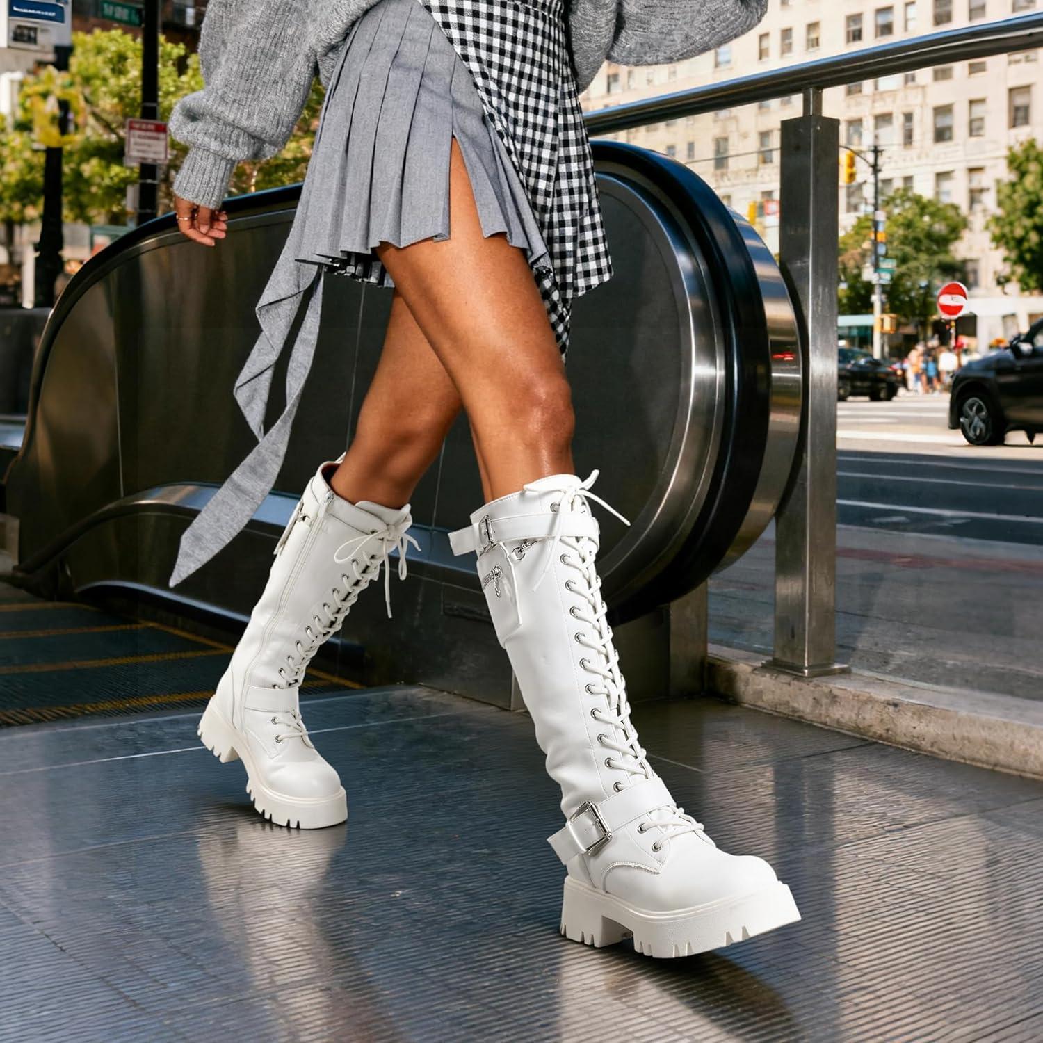 imageDREAM PAIRS Womens Combat Riding Platform Knee High Boots Lace Up Fall Lug Sole Gothic Motorcycle Boots with Inside ZipperWhite