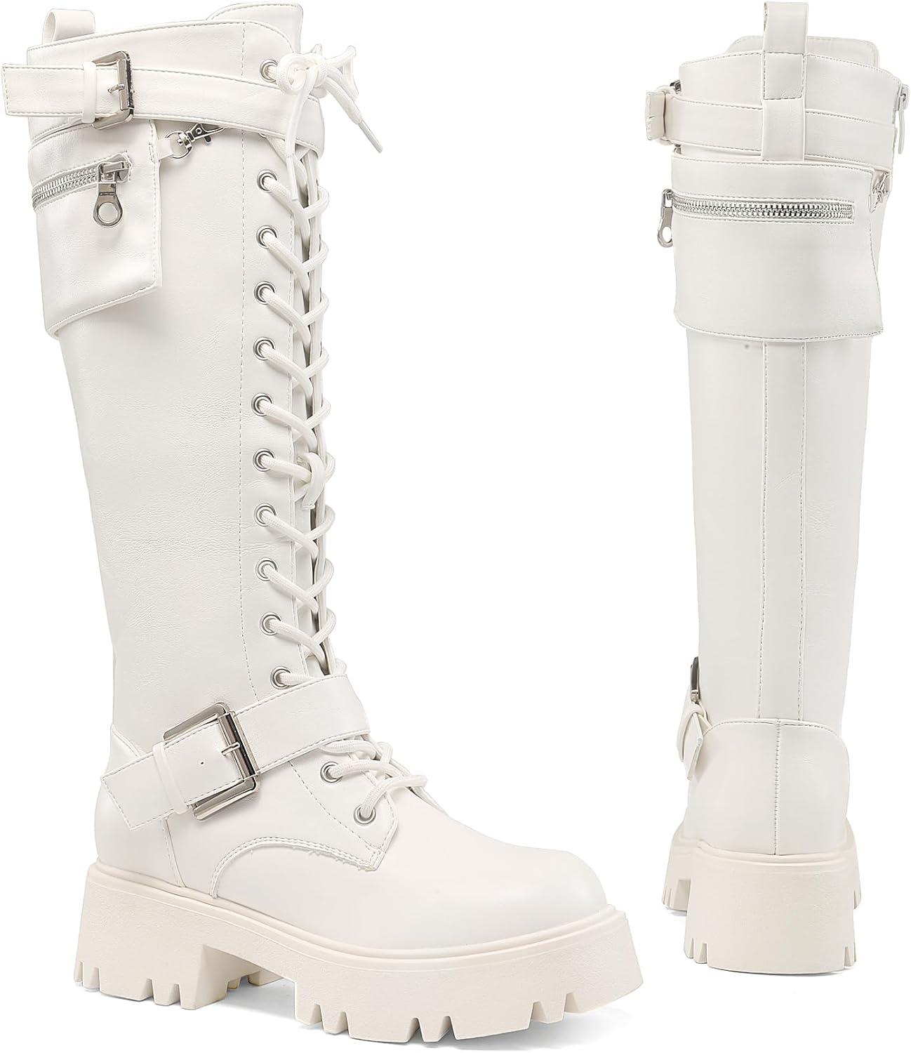 imageDREAM PAIRS Womens Combat Riding Platform Knee High Boots Lace Up Fall Lug Sole Gothic Motorcycle Boots with Inside ZipperWhite