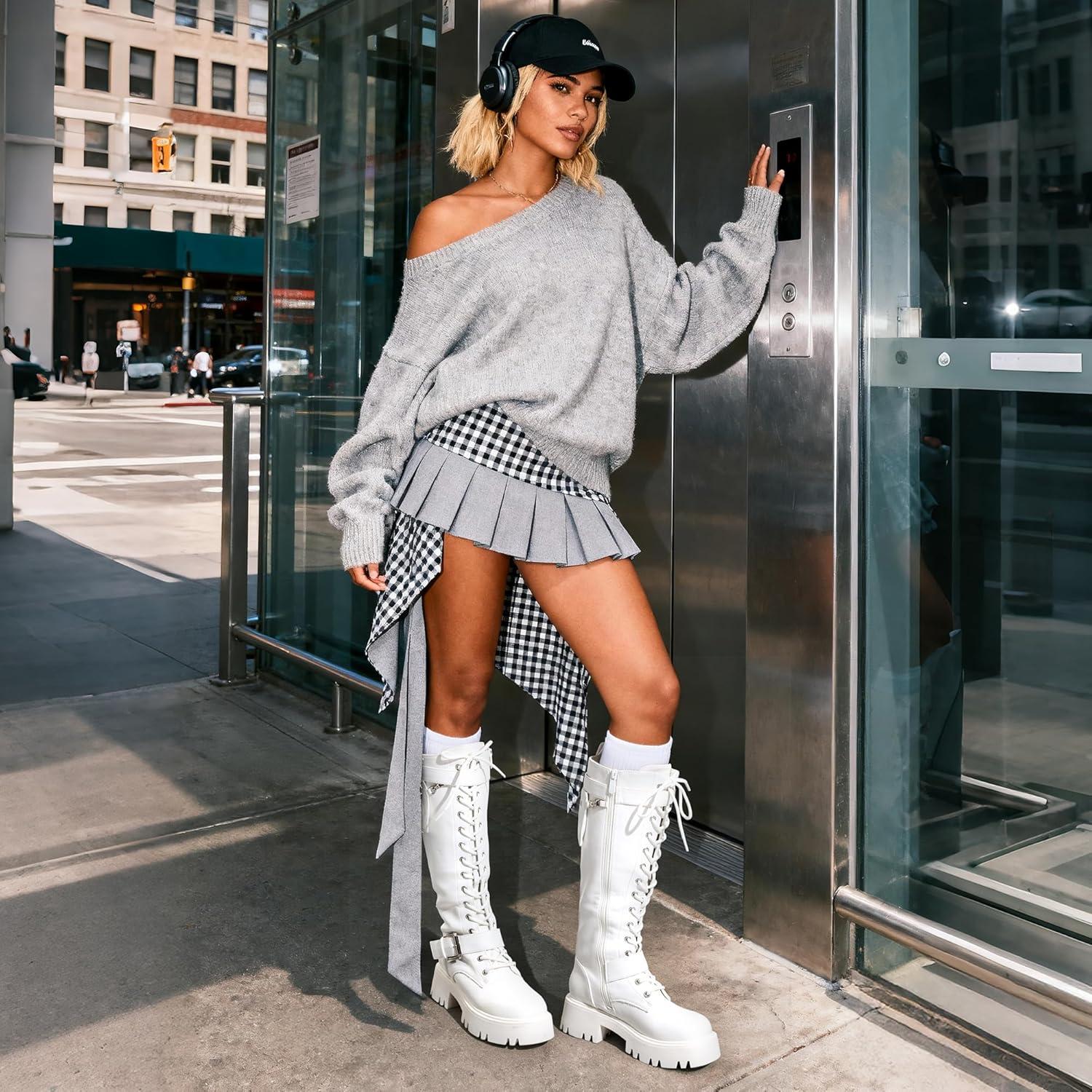 imageDREAM PAIRS Womens Combat Riding Platform Knee High Boots Lace Up Fall Lug Sole Gothic Motorcycle Boots with Inside ZipperWhite