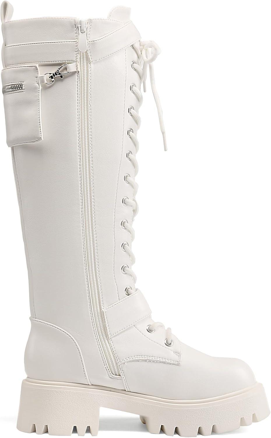 imageDREAM PAIRS Womens Combat Riding Platform Knee High Boots Lace Up Fall Lug Sole Gothic Motorcycle Boots with Inside ZipperWhite