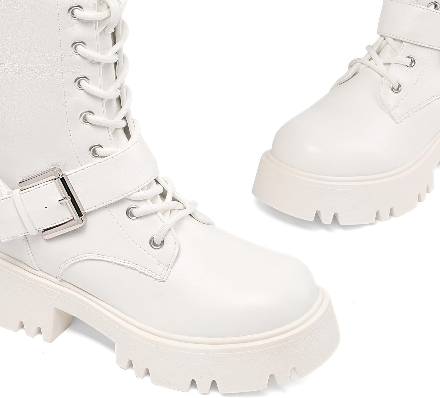 imageDREAM PAIRS Womens Combat Riding Platform Knee High Boots Lace Up Fall Lug Sole Gothic Motorcycle Boots with Inside ZipperWhite