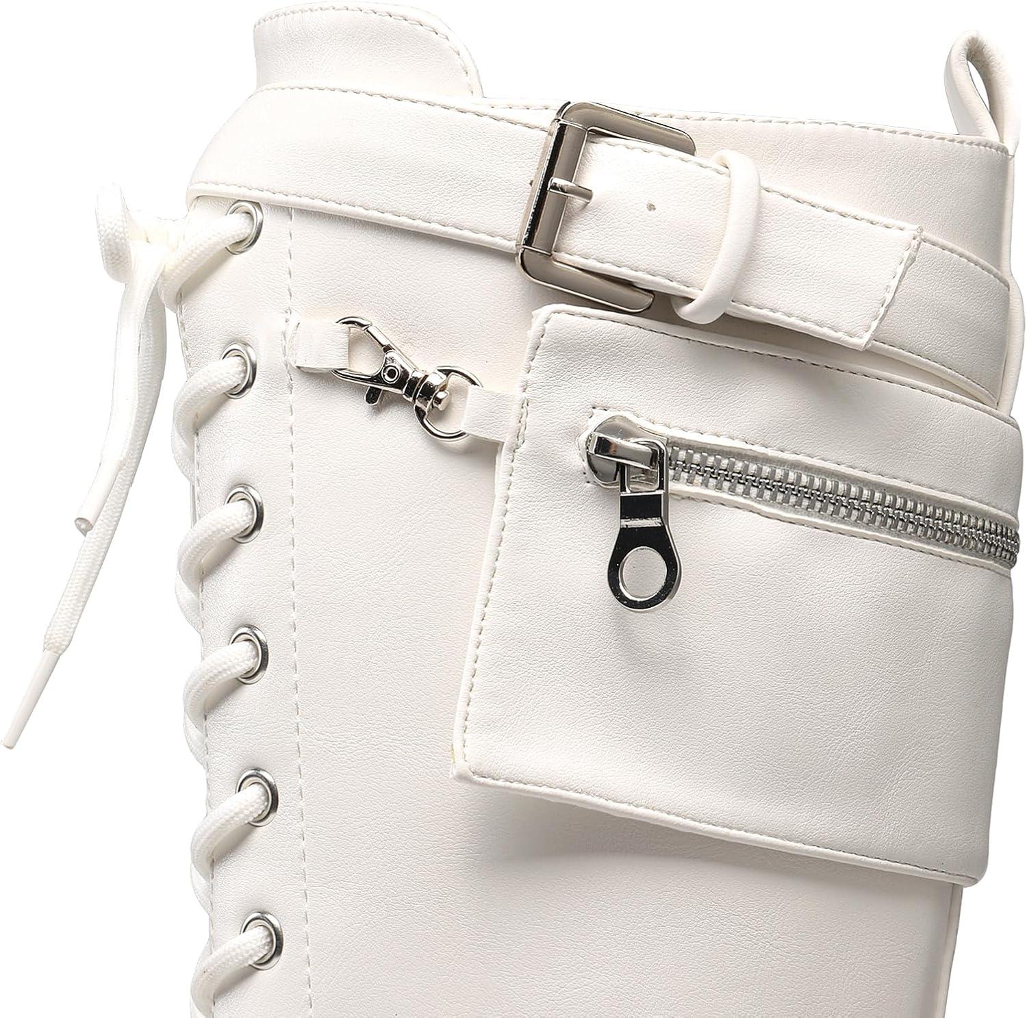 imageDREAM PAIRS Womens Combat Riding Platform Knee High Boots Lace Up Fall Lug Sole Gothic Motorcycle Boots with Inside ZipperWhite