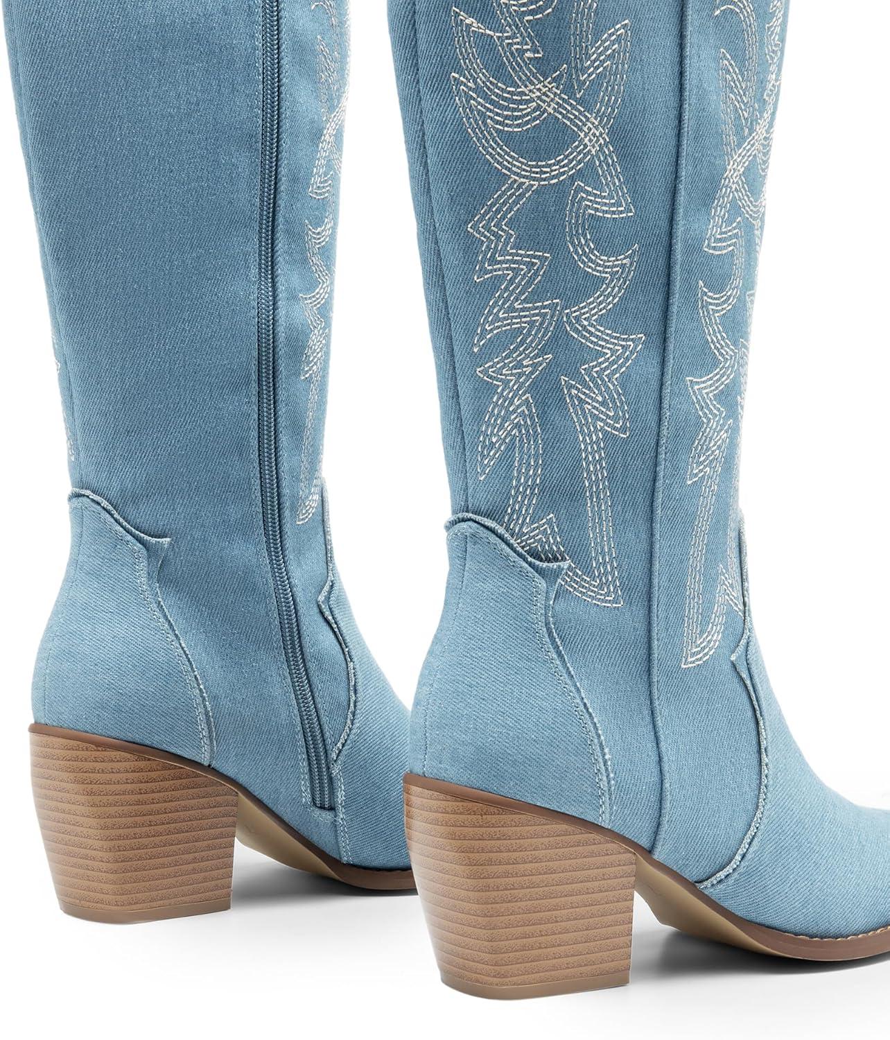 imageDREAM PAIRS Womens Cowboy Boots Wide Calf Comfortable Pull On Zipper Chunky Heel Pointed Toe Embroidered Western Cowgirl Knee High Boots Ladies Retro Tall BootDenim Blue