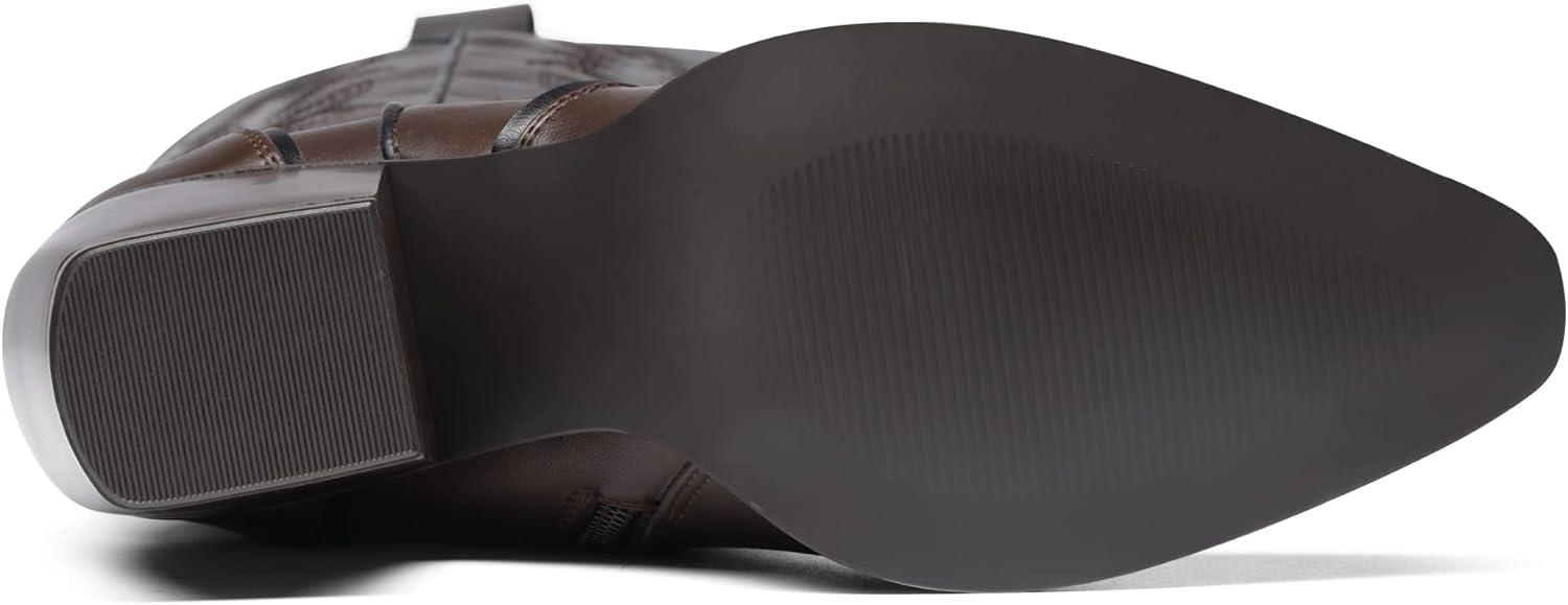 imageDREAM PAIRS Womens Cowboy Boots Wide Calf Comfortable Pull On Zipper Chunky Heel Pointed Toe Embroidered Western Cowgirl Knee High Boots Ladies Retro Tall BootBrownPu