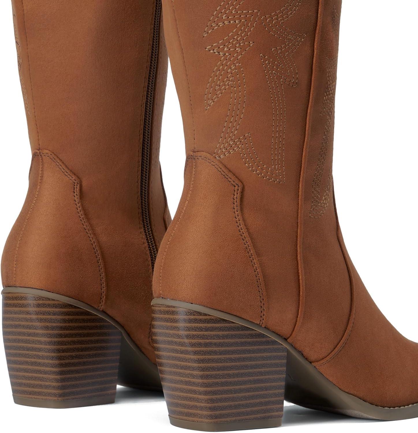 imageDREAM PAIRS Womens Cowboy Boots Wide Calf Comfortable Pull On Zipper Chunky Heel Pointed Toe Embroidered Western Cowgirl Knee High Boots Ladies Retro Tall BootBrown