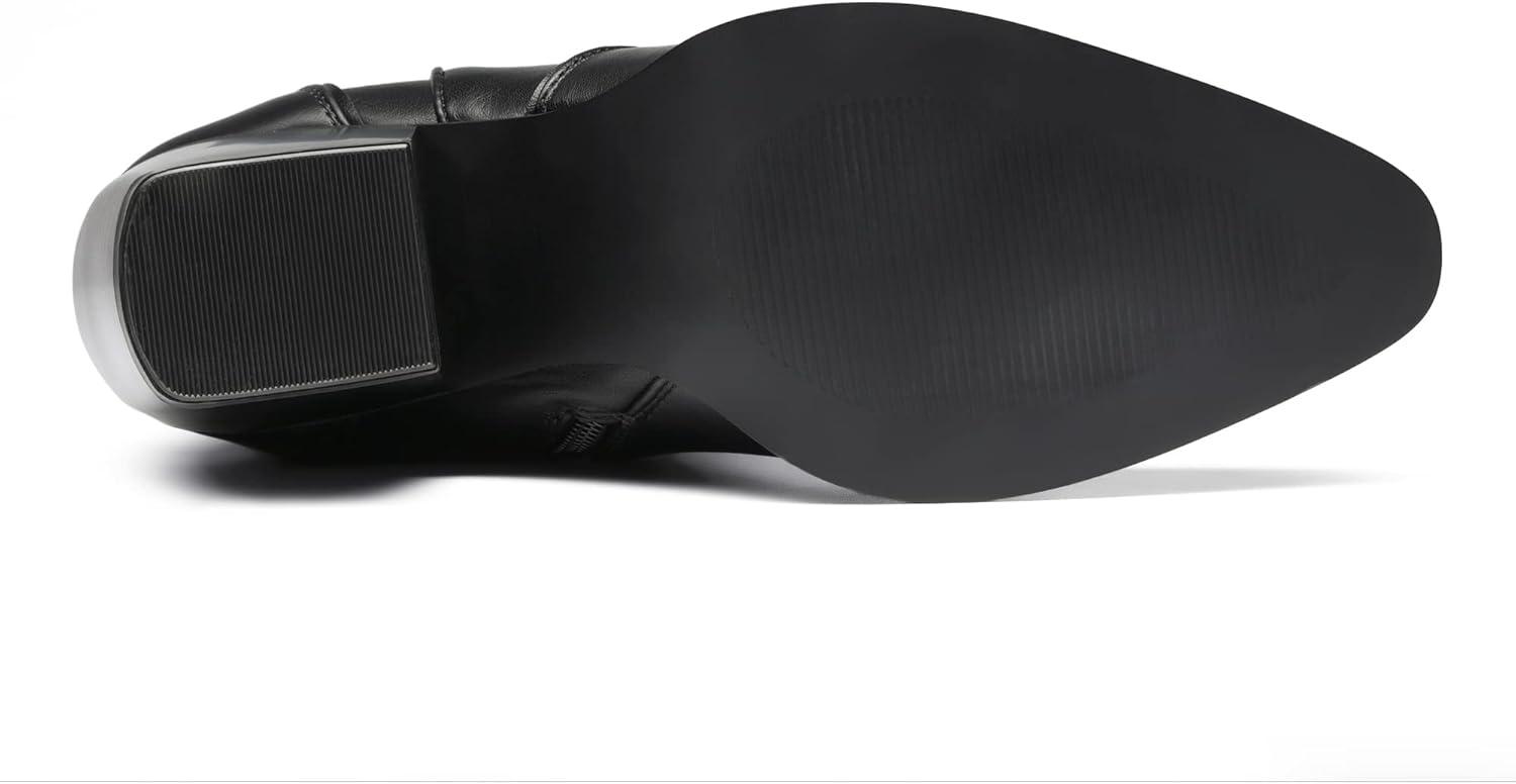 imageDREAM PAIRS Womens Cowboy Boots Wide Calf Comfortable Pull On Zipper Chunky Heel Pointed Toe Embroidered Western Cowgirl Knee High Boots Ladies Retro Tall BootBlackPu