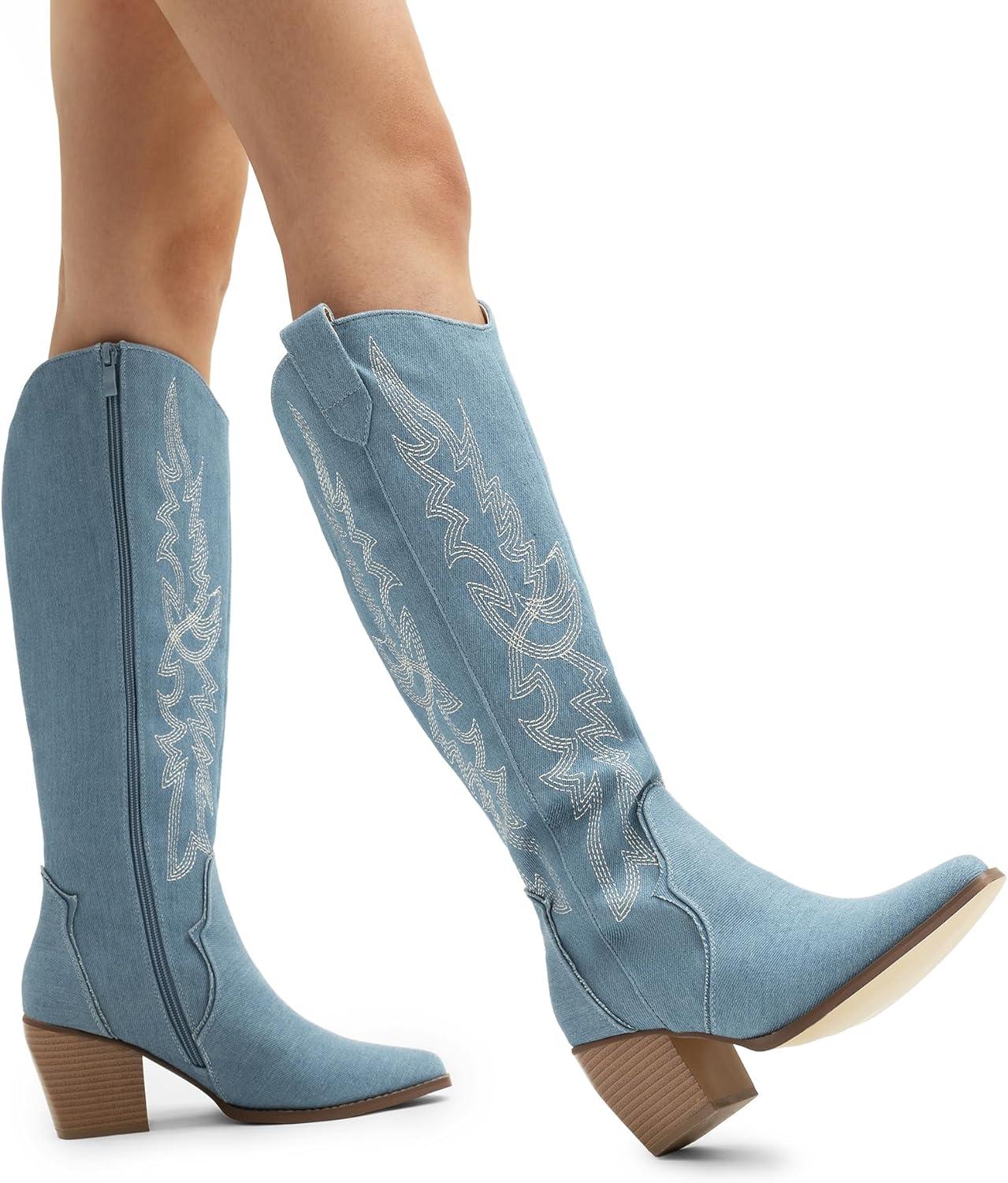 imageDREAM PAIRS Womens Cowboy Boots Wide Calf Comfortable Pull On Zipper Chunky Heel Pointed Toe Embroidered Western Cowgirl Knee High Boots Ladies Retro Tall BootDenim Blue
