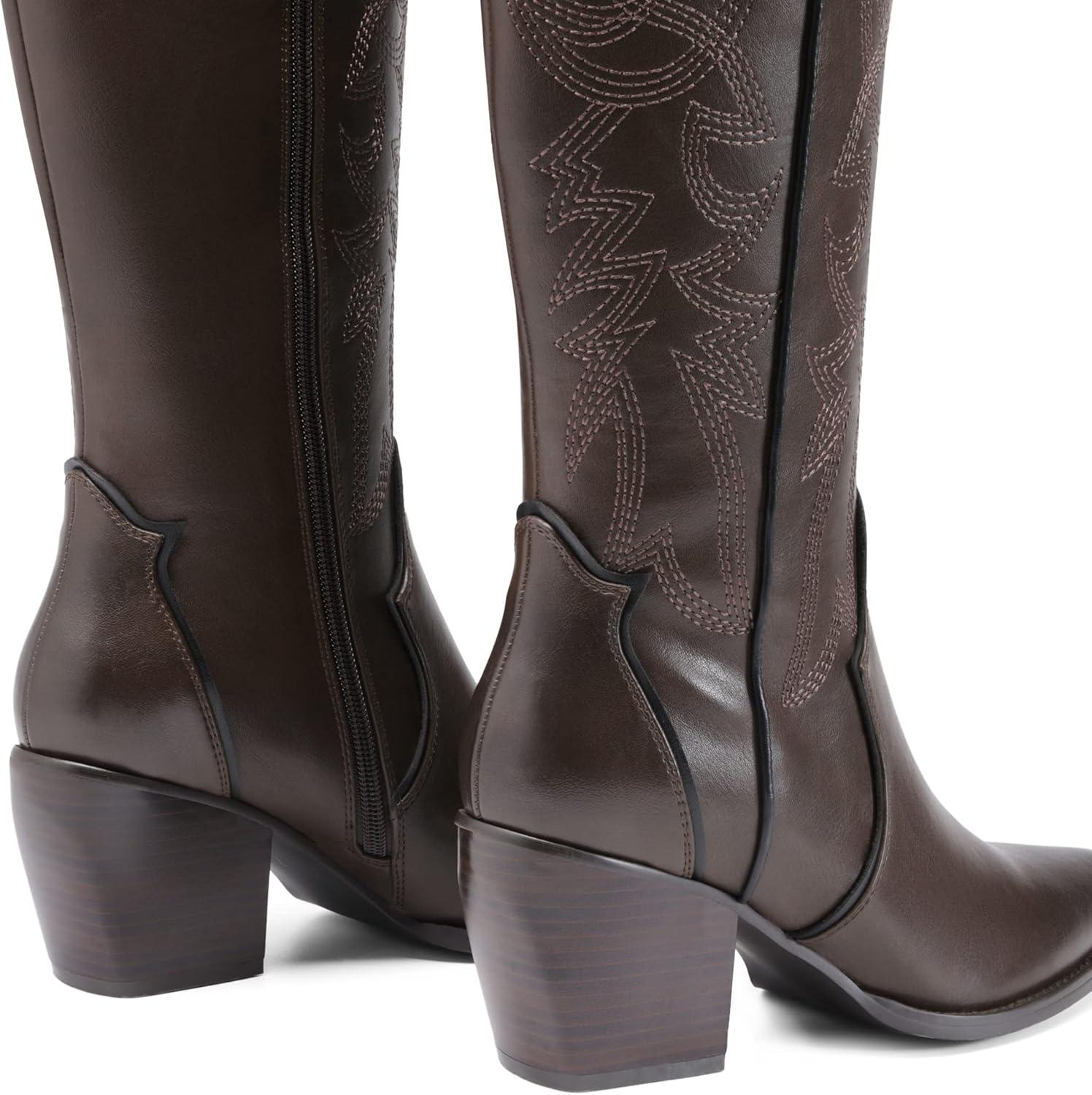 imageDREAM PAIRS Womens Cowboy Boots Wide Calf Comfortable Pull On Zipper Chunky Heel Pointed Toe Embroidered Western Cowgirl Knee High Boots Ladies Retro Tall BootBrownPu